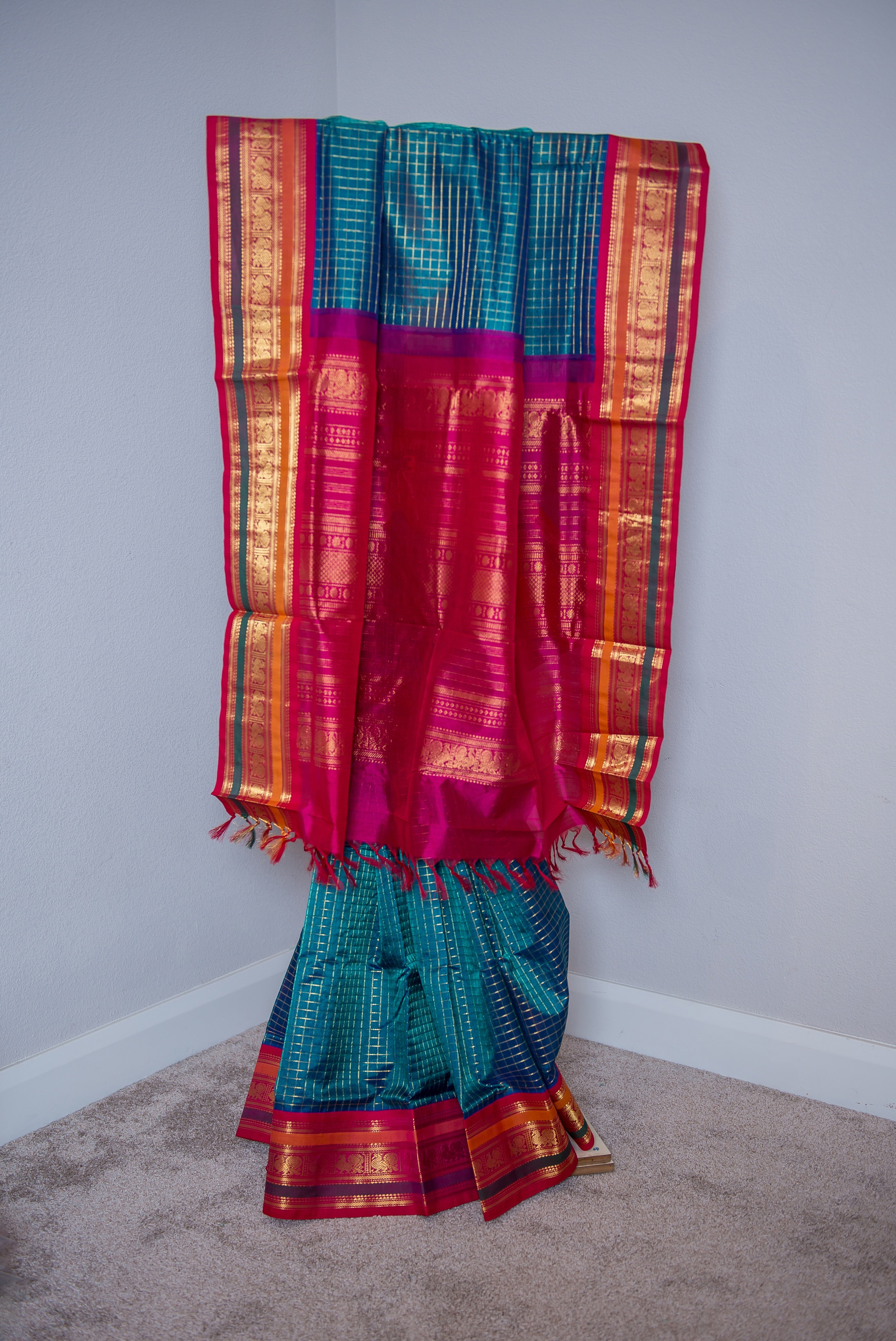 Teal Blue Handloom Silk Cotton Saree with Contrast Pink Border