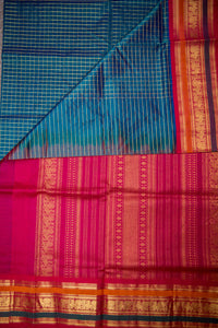 Teal Blue Handloom Silk Cotton Saree with Contrast Pink Border