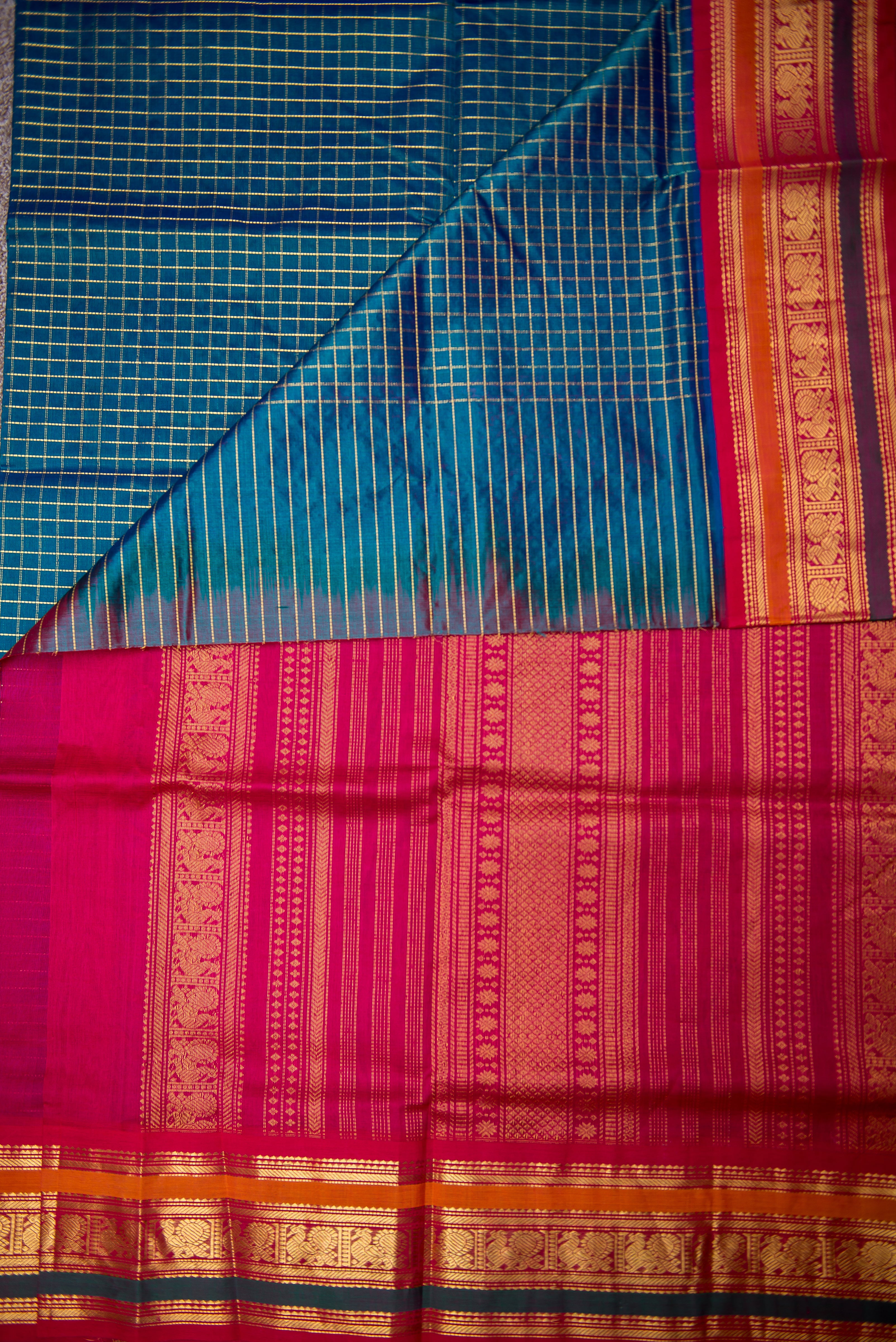 Teal Blue Handloom Silk Cotton Saree with Contrast Pink Border
