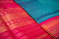 Teal Blue Handloom Silk Cotton Saree with Contrast Pink Border