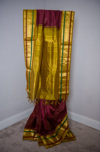 Rich Maroon Checked Silk Cotton Saree with Yellow-Gold Pallu