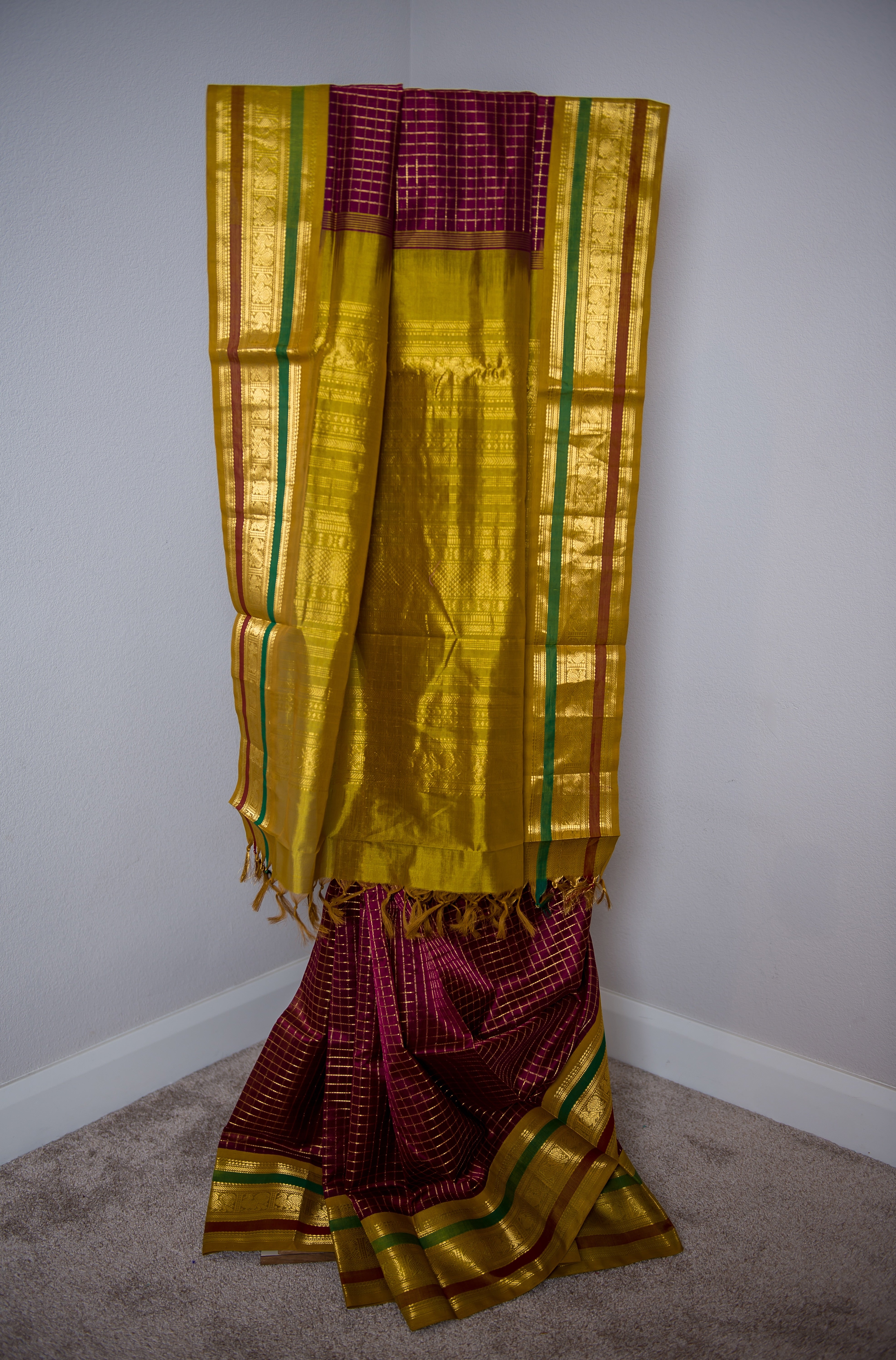 Rich Maroon Checked Silk Cotton Saree with Yellow-Gold Pallu