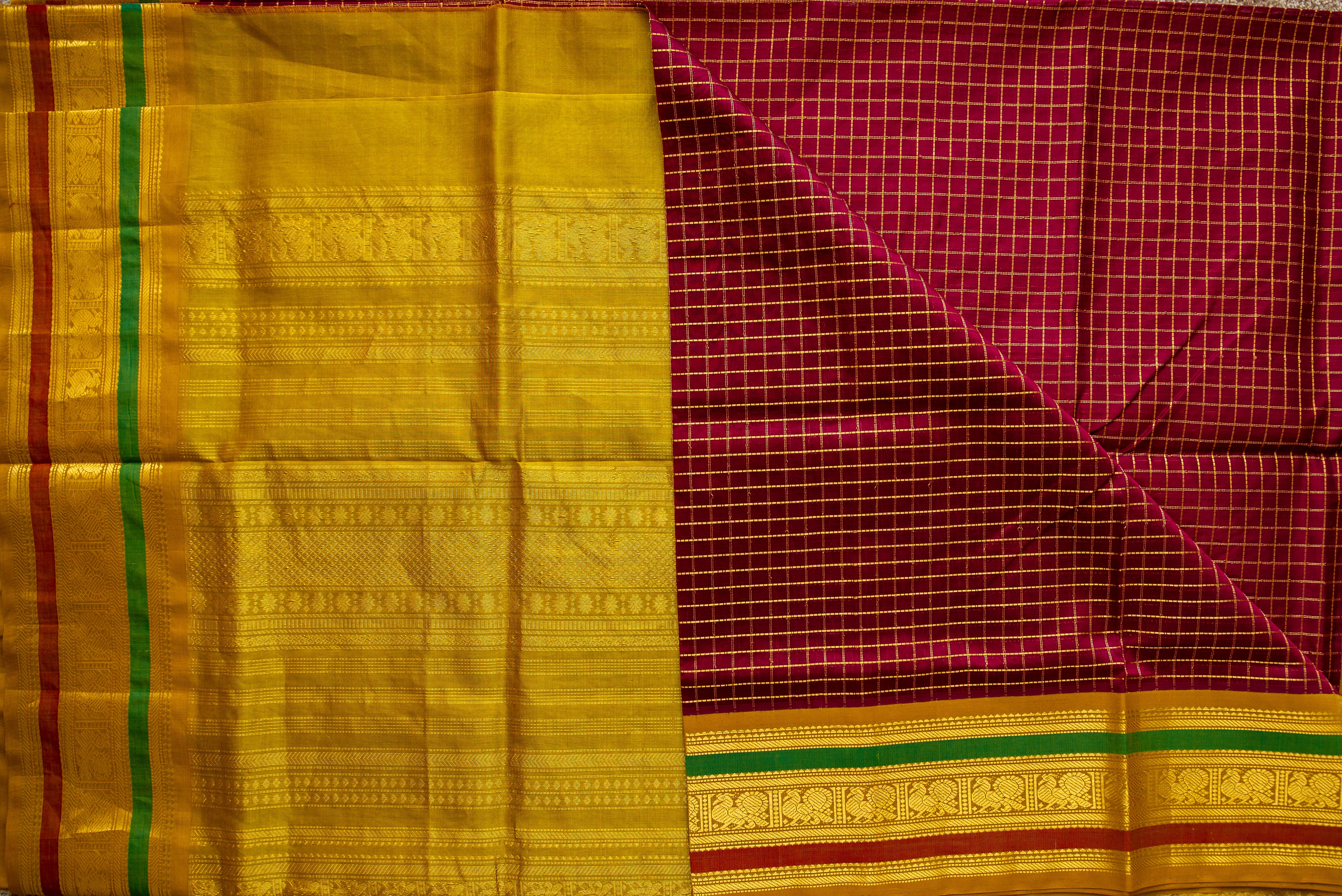 Rich Maroon Checked Silk Cotton Saree with Yellow-Gold Pallu