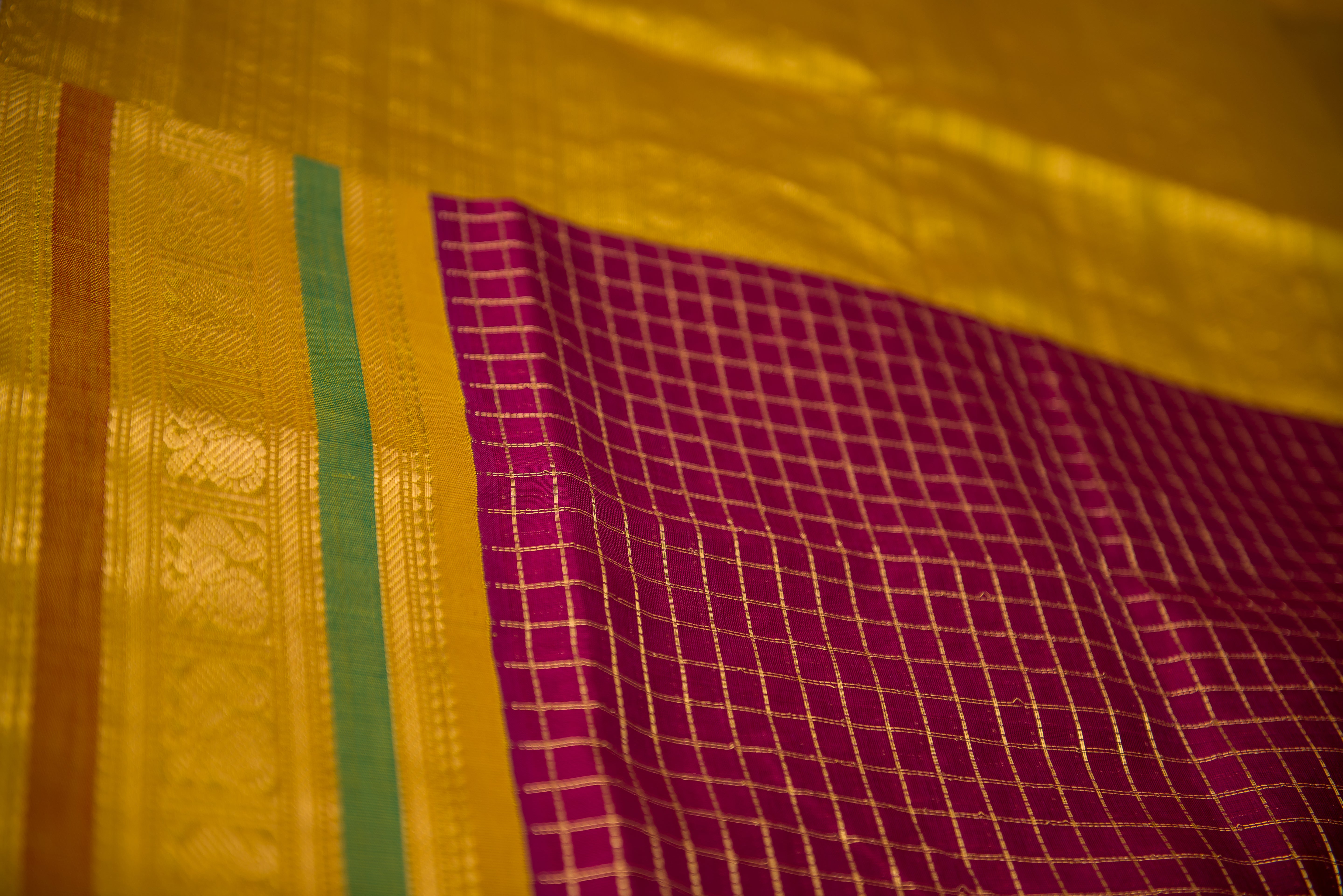 Rich Maroon Checked Silk Cotton Saree with Yellow-Gold Pallu