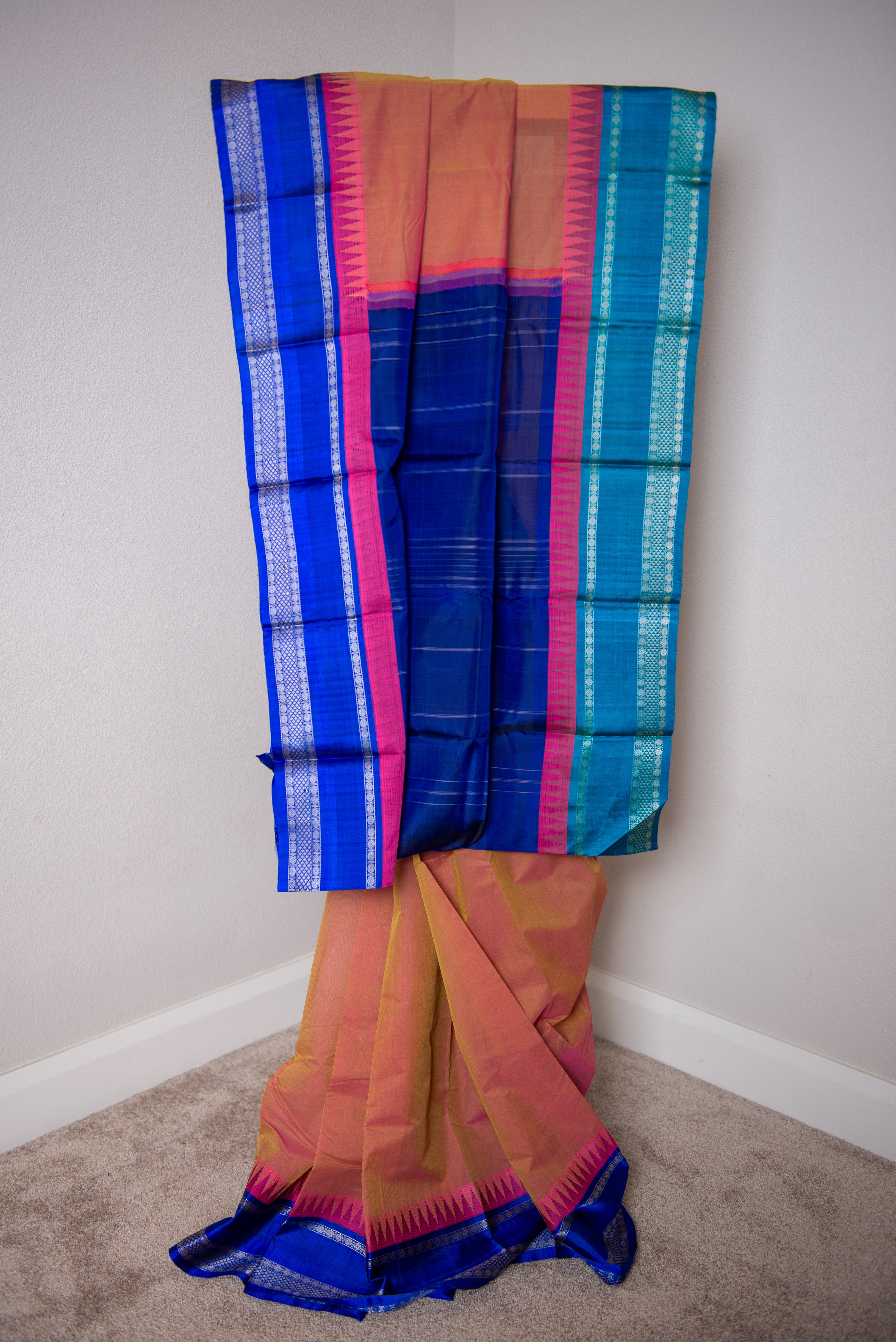 Peach Silk Cotton Saree with Royal Blue Pallu and Ganga-Jamuna Border