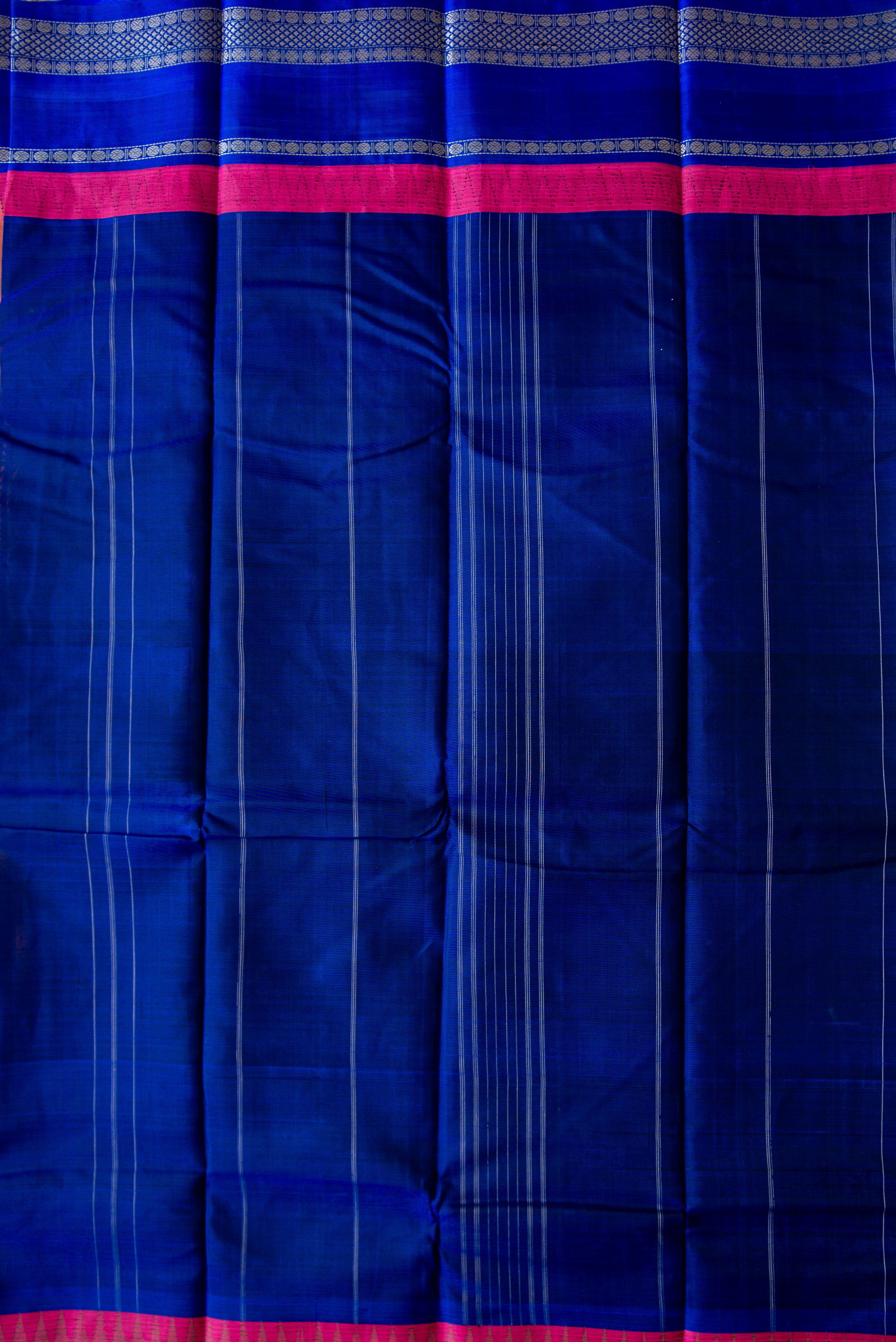Peach Silk Cotton Saree with Royal Blue Pallu and Ganga-Jamuna Border
