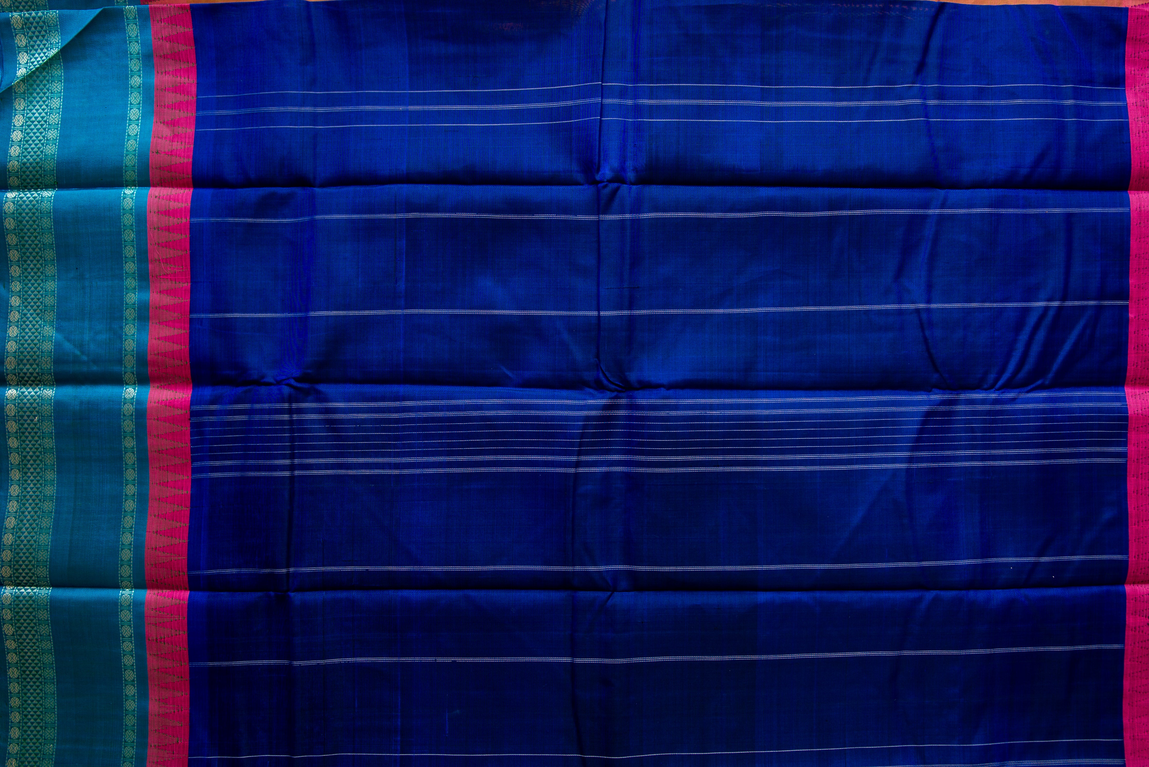 Peach Silk Cotton Saree with Royal Blue Pallu and Ganga-Jamuna Border