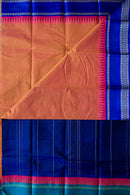 Peach Silk Cotton Saree with Royal Blue Pallu and Ganga-Jamuna Border