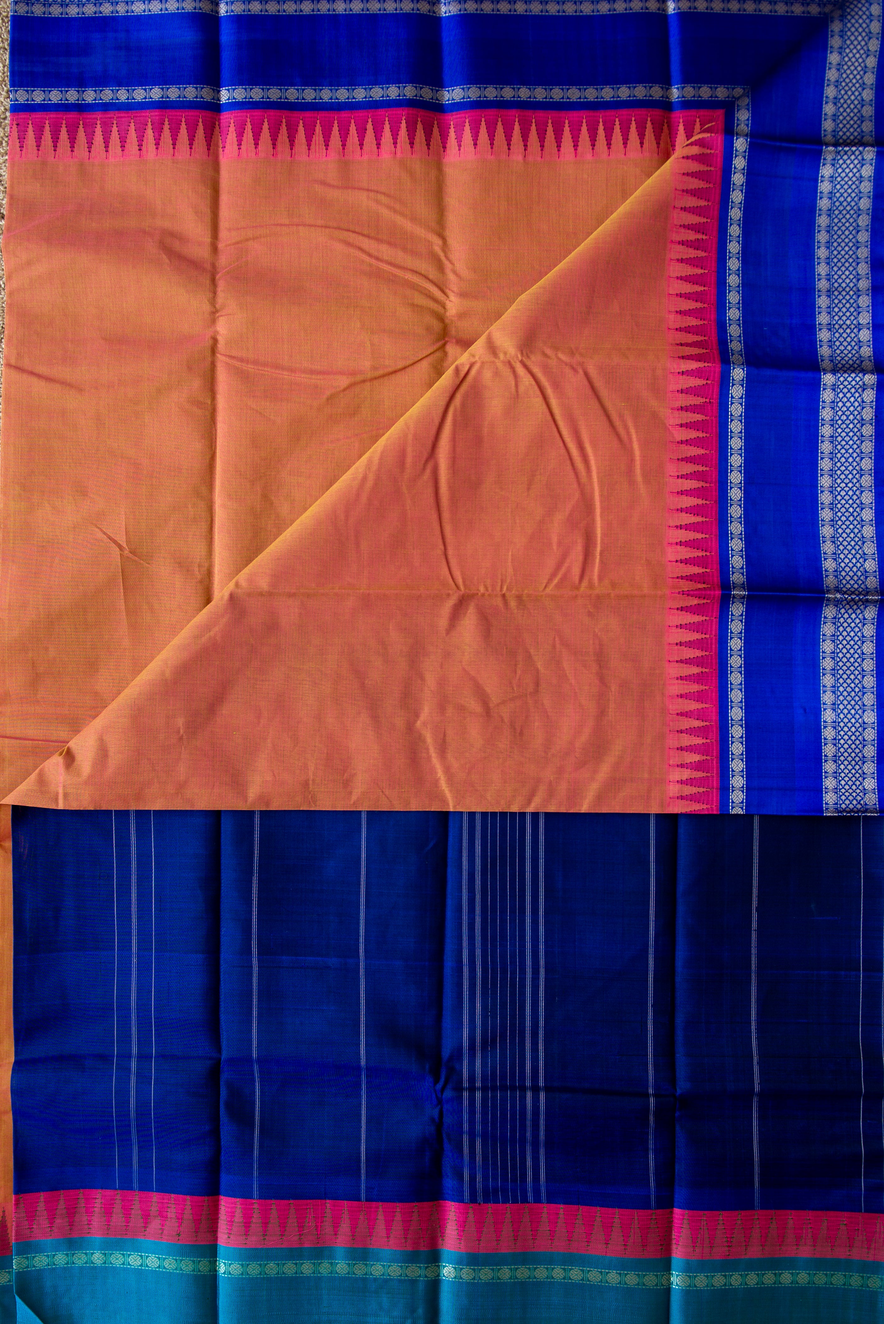Peach Silk Cotton Saree with Royal Blue Pallu and Ganga-Jamuna Border
