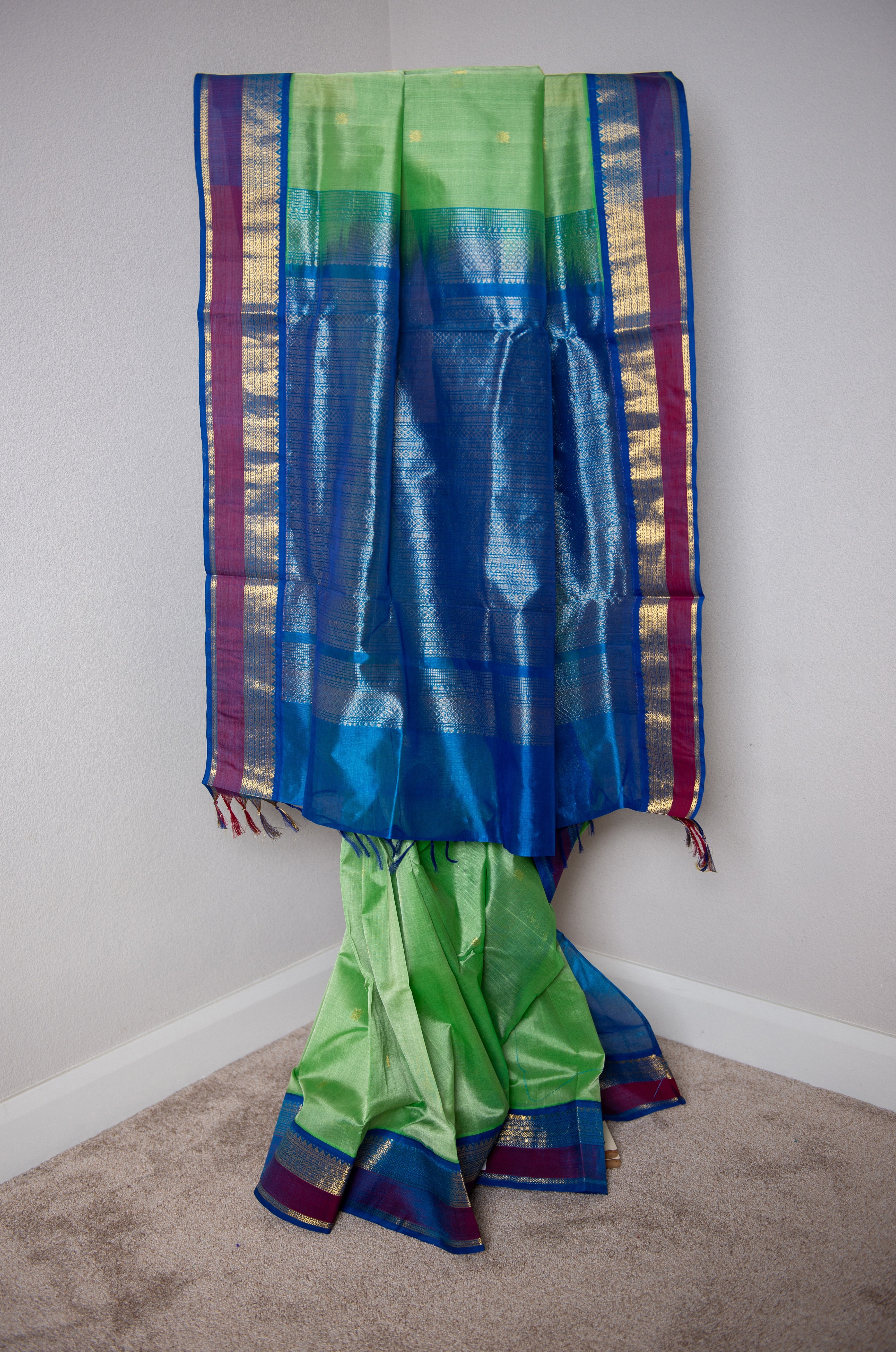 Parrot Green Silk Cotton Saree with Rich Blue/Maroon Border