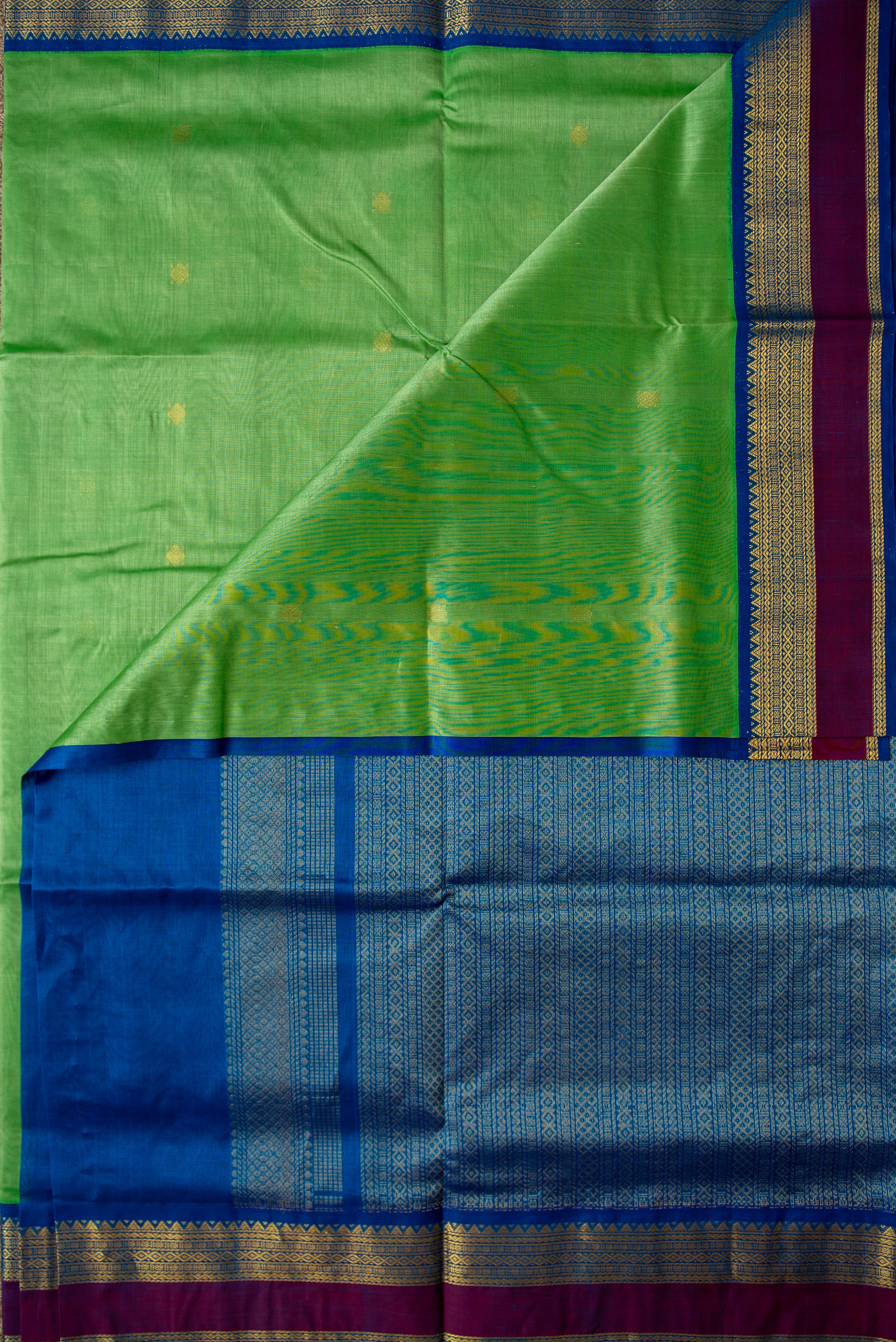 Parrot Green Silk Cotton Saree with Rich Blue/Maroon Border