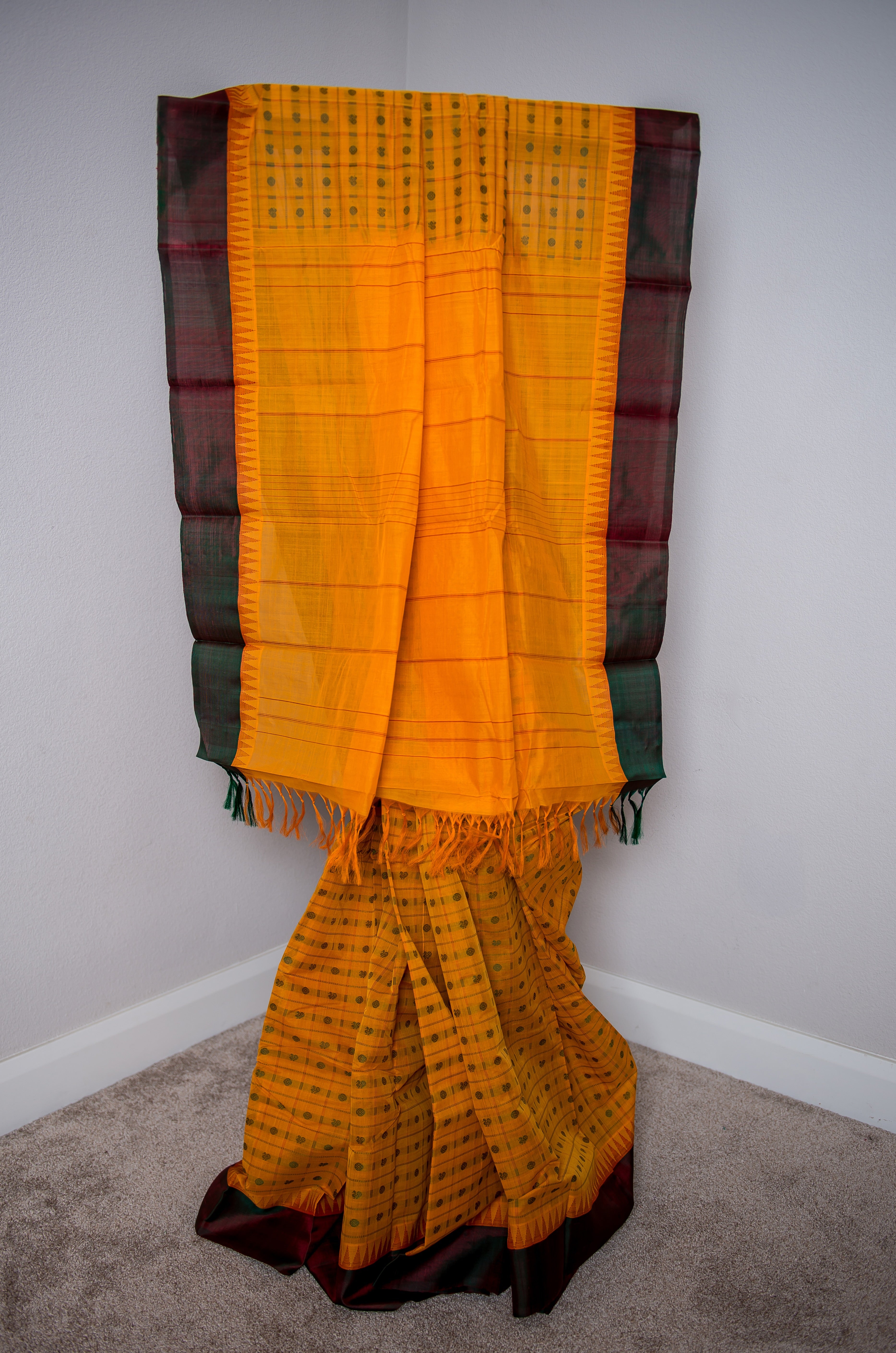 Mustard Checkered Anam/Rudraksham Handwoven Silk Cotton Saree