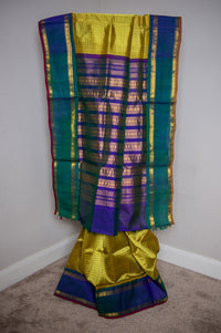 Golden Yellow Kanchipuram Silk Cotton with Blue-Green Borders