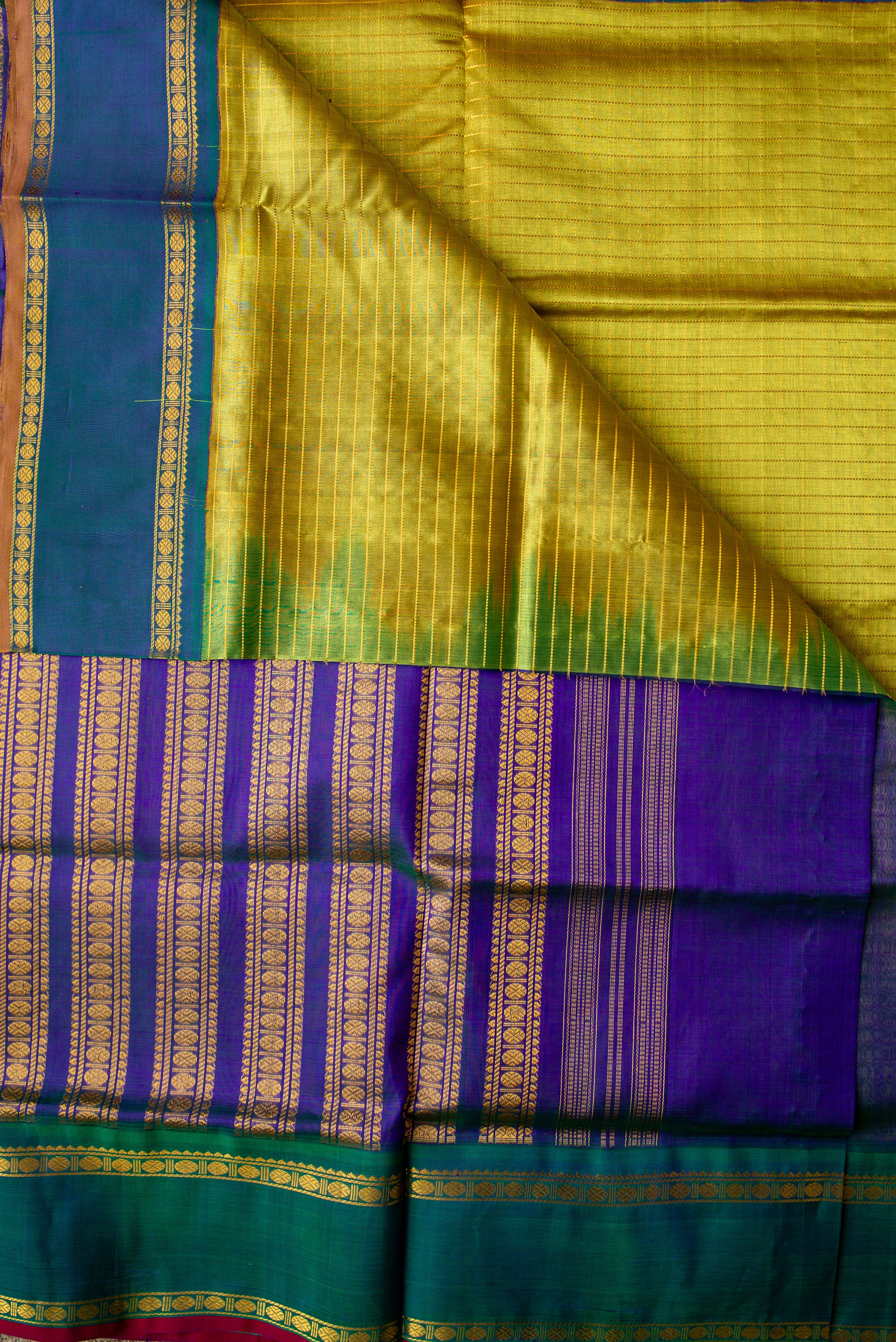 Golden Yellow Kanchipuram Silk Cotton with Blue-Green Borders