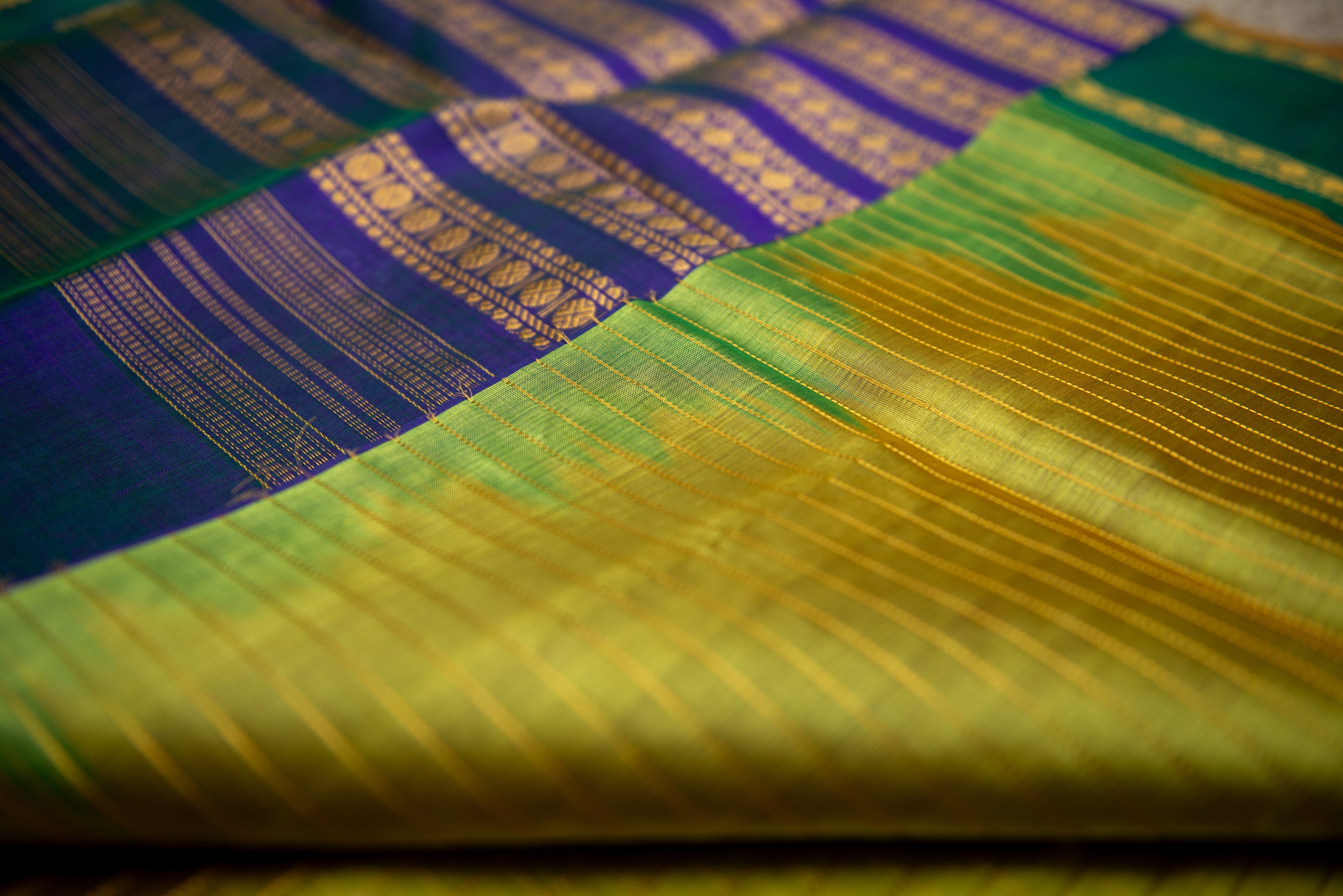 Golden Yellow Kanchipuram Silk Cotton with Blue-Green Borders