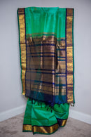 Emerald Green Silk Cotton Saree with Navy Blue-Golden Border