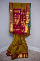 Mustard-Green Kattam Silk Cotton Saree with Maroon Border