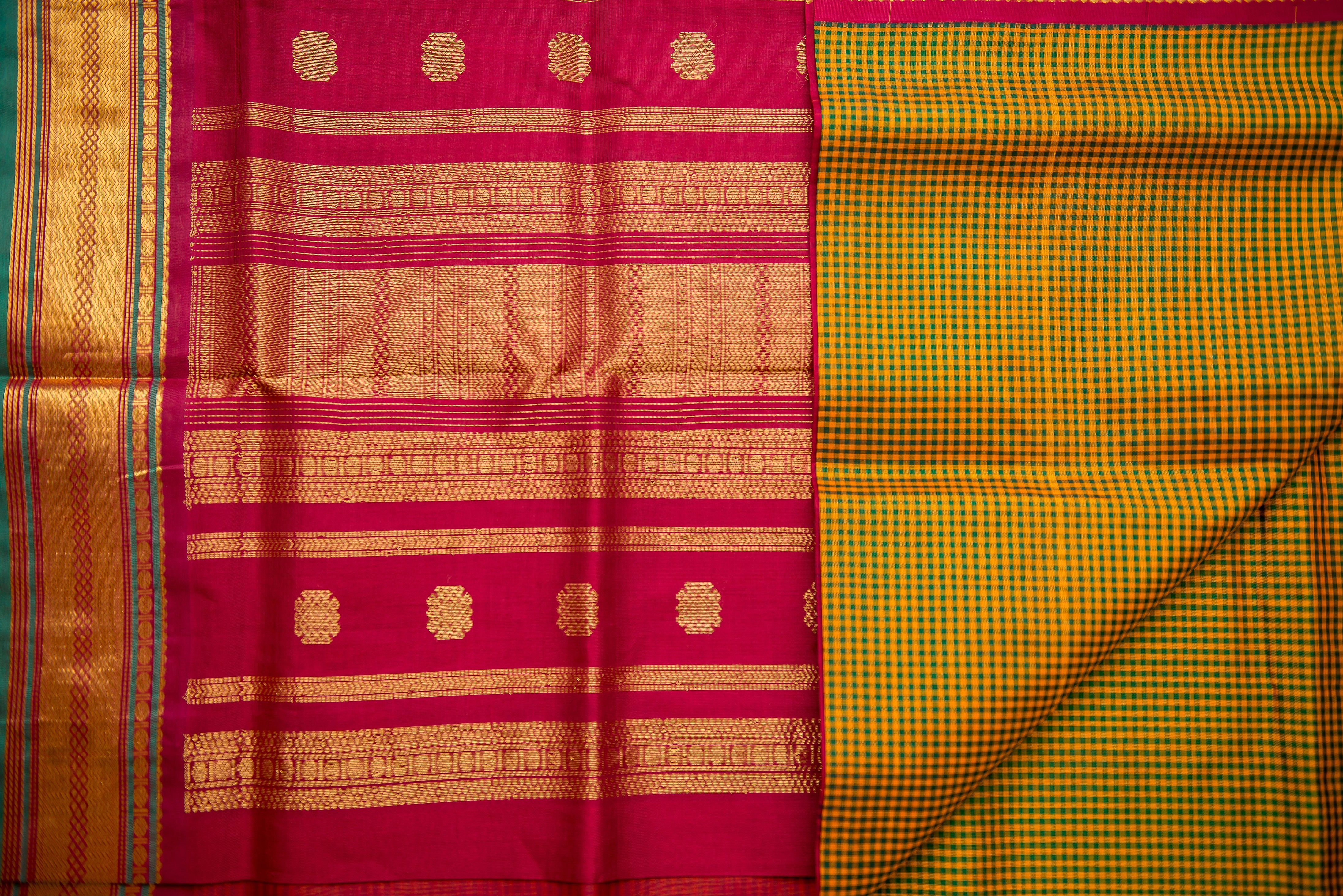 Mustard-Green Kattam Silk Cotton Saree with Maroon Border