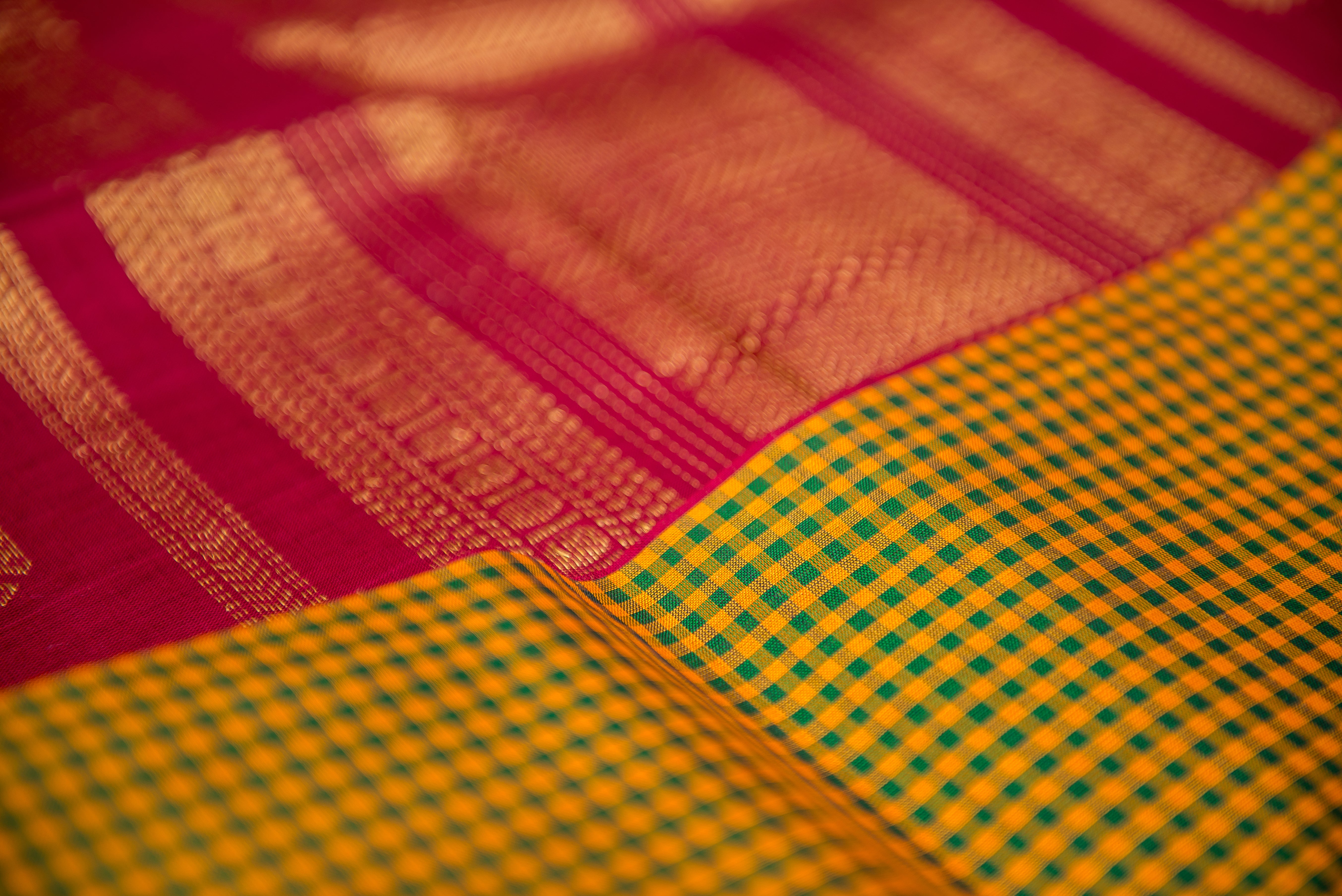 Mustard-Green Kattam Silk Cotton Saree with Maroon Border