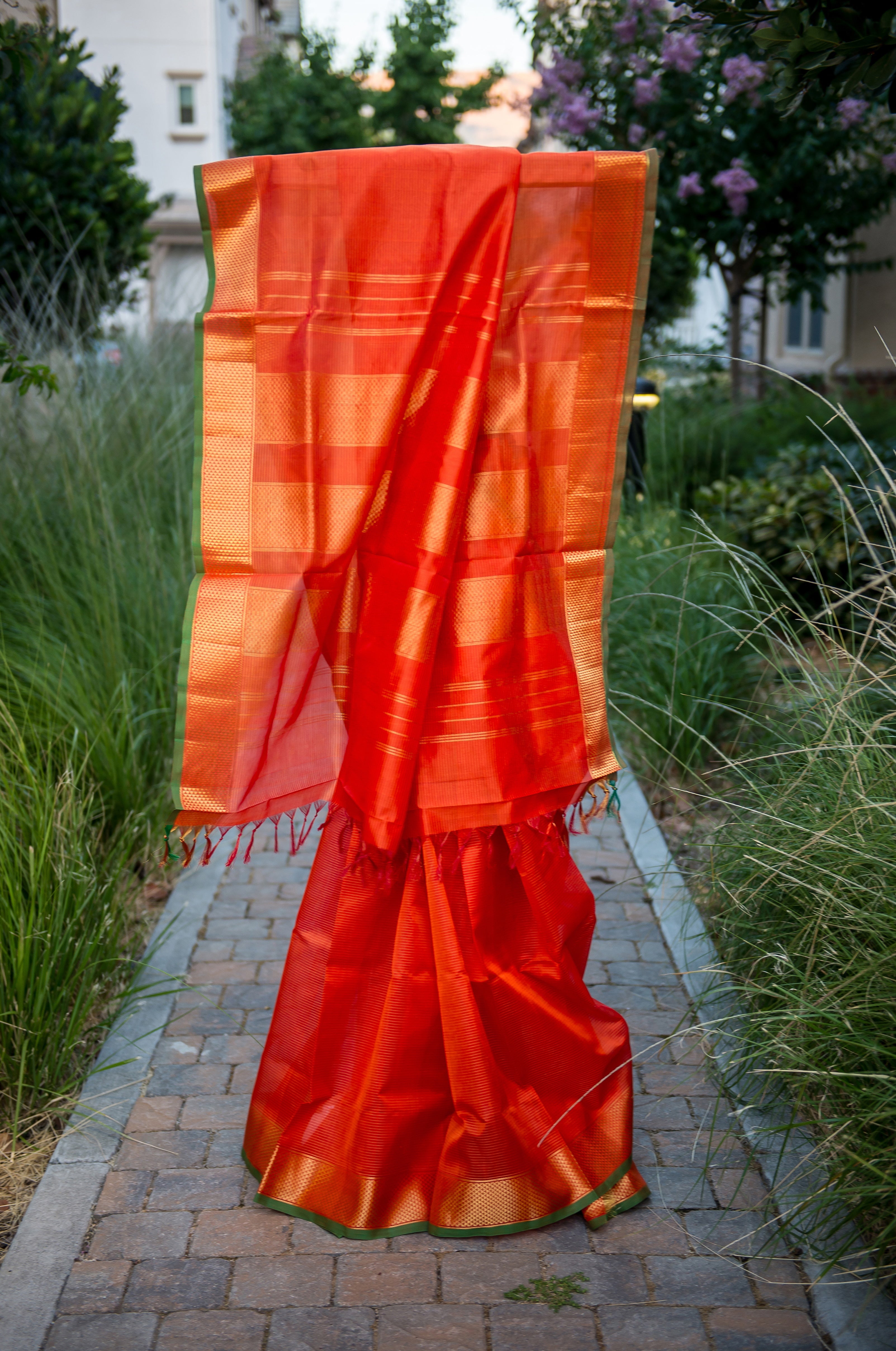 Silk Cotton Orange saree with Half Diamond Border