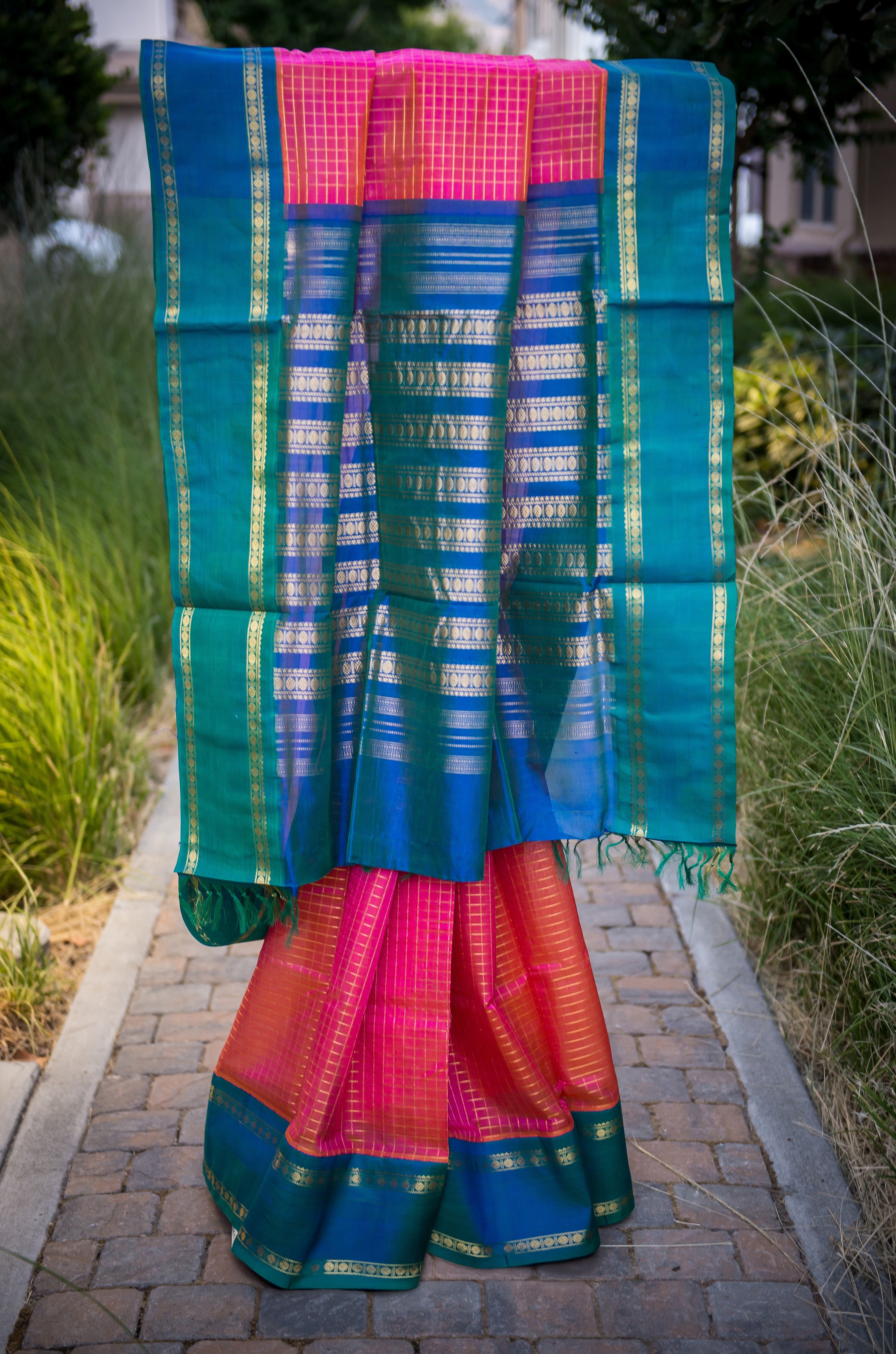Double-Shaded, Pure Zari Pink Silk Cotton with Contrast Blue Border