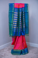 Double-Shaded, Pure Zari Pink Silk Cotton with Contrast Blue Border