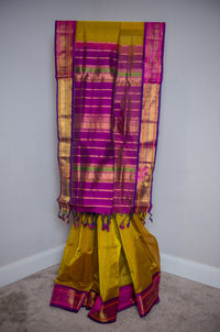 Mustard-Yellow Kanchipuram Silk Cotton Saree with Magenta Border