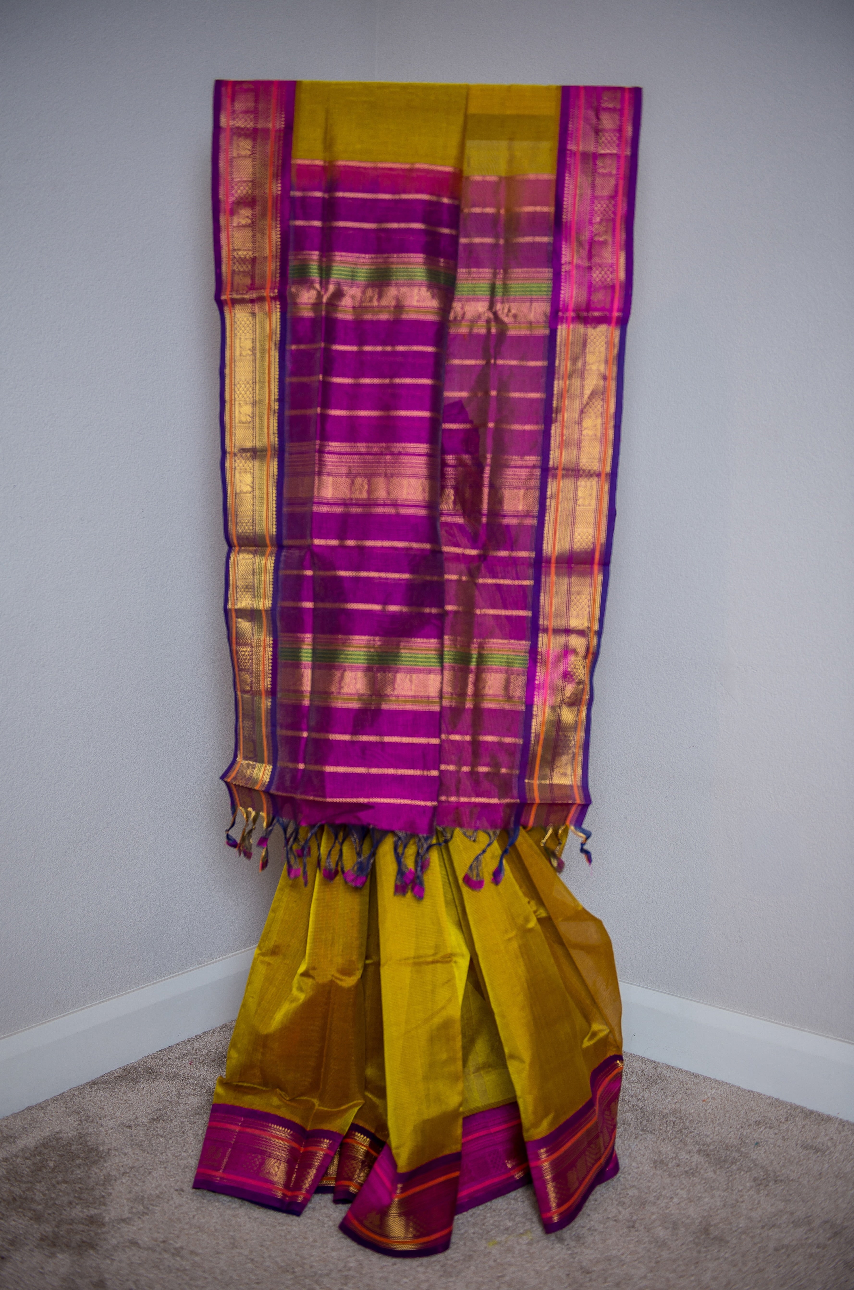 Mustard-Yellow Kanchipuram Silk Cotton Saree with Magenta Border