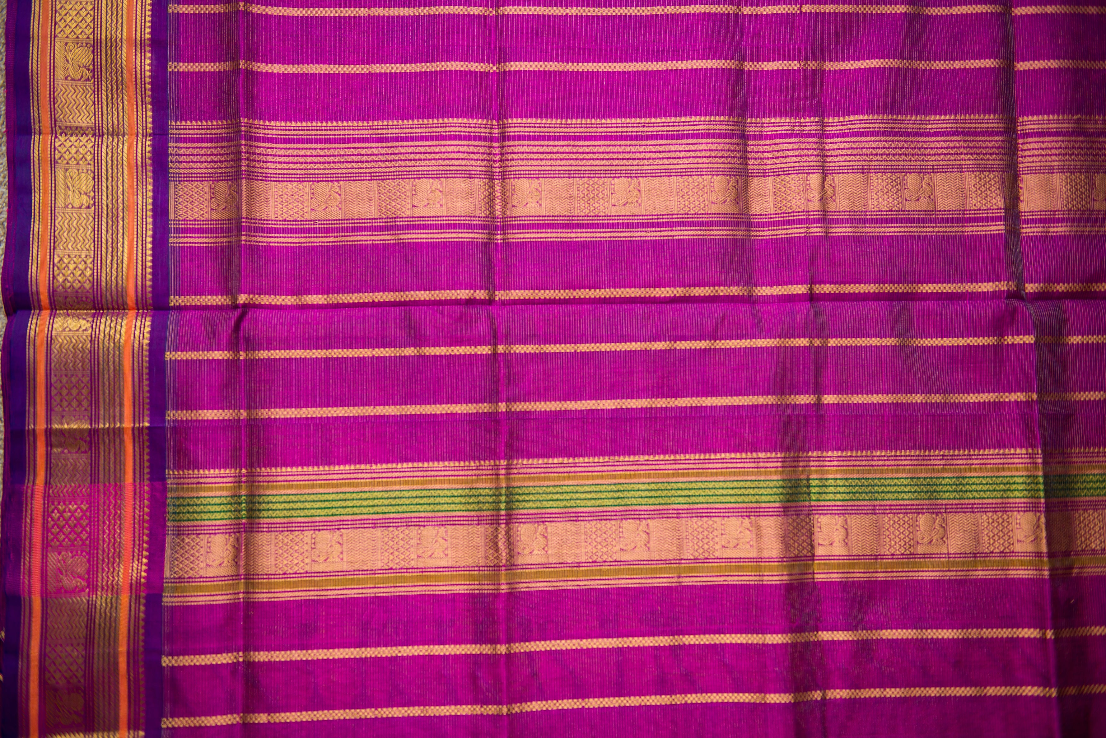 Mustard-Yellow Kanchipuram Silk Cotton Saree with Magenta Border