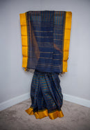 Navy Blue Silk Cotton Saree with a Golden-Yellow Border