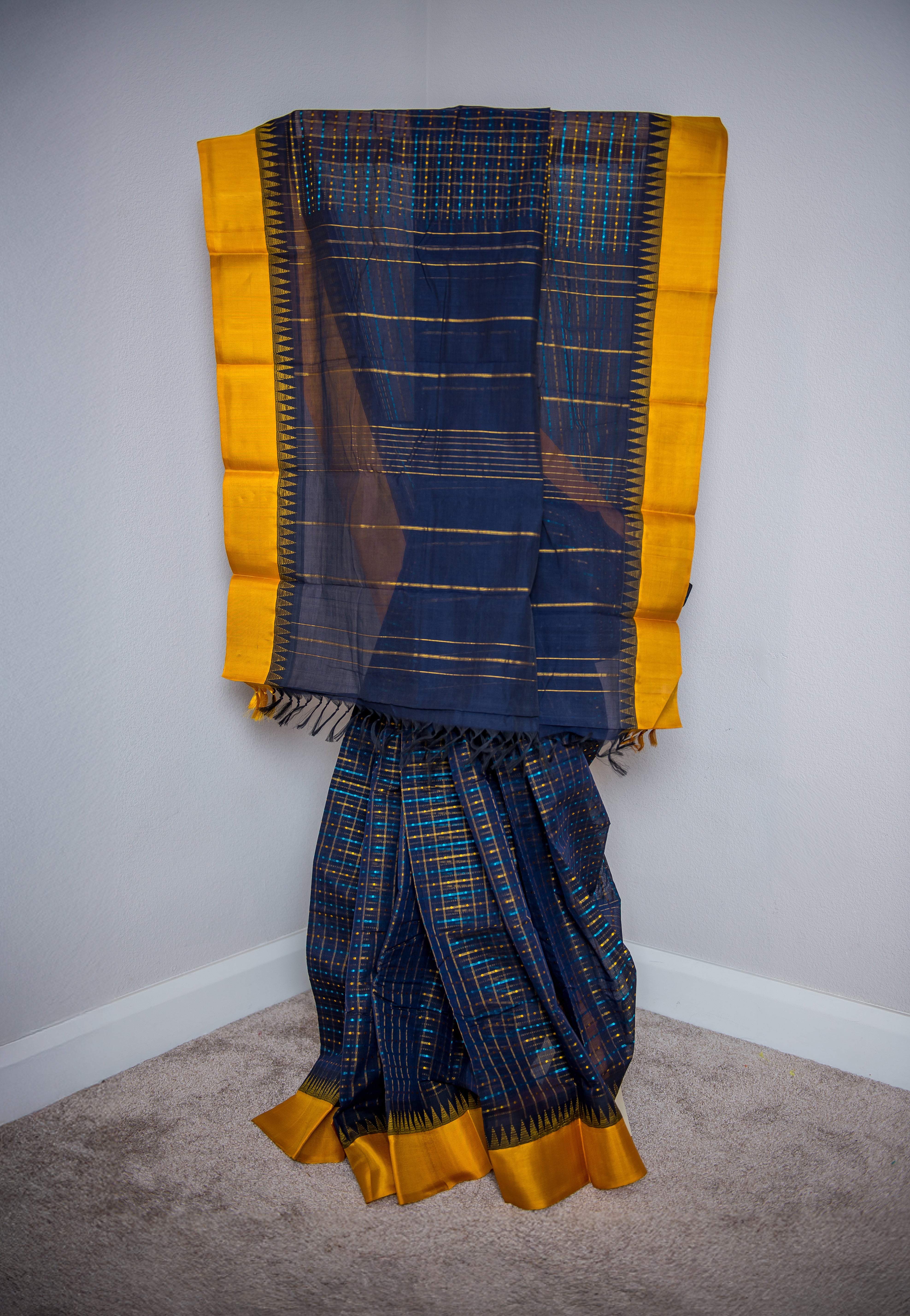 Navy Blue Silk Cotton Saree with a Golden-Yellow Border