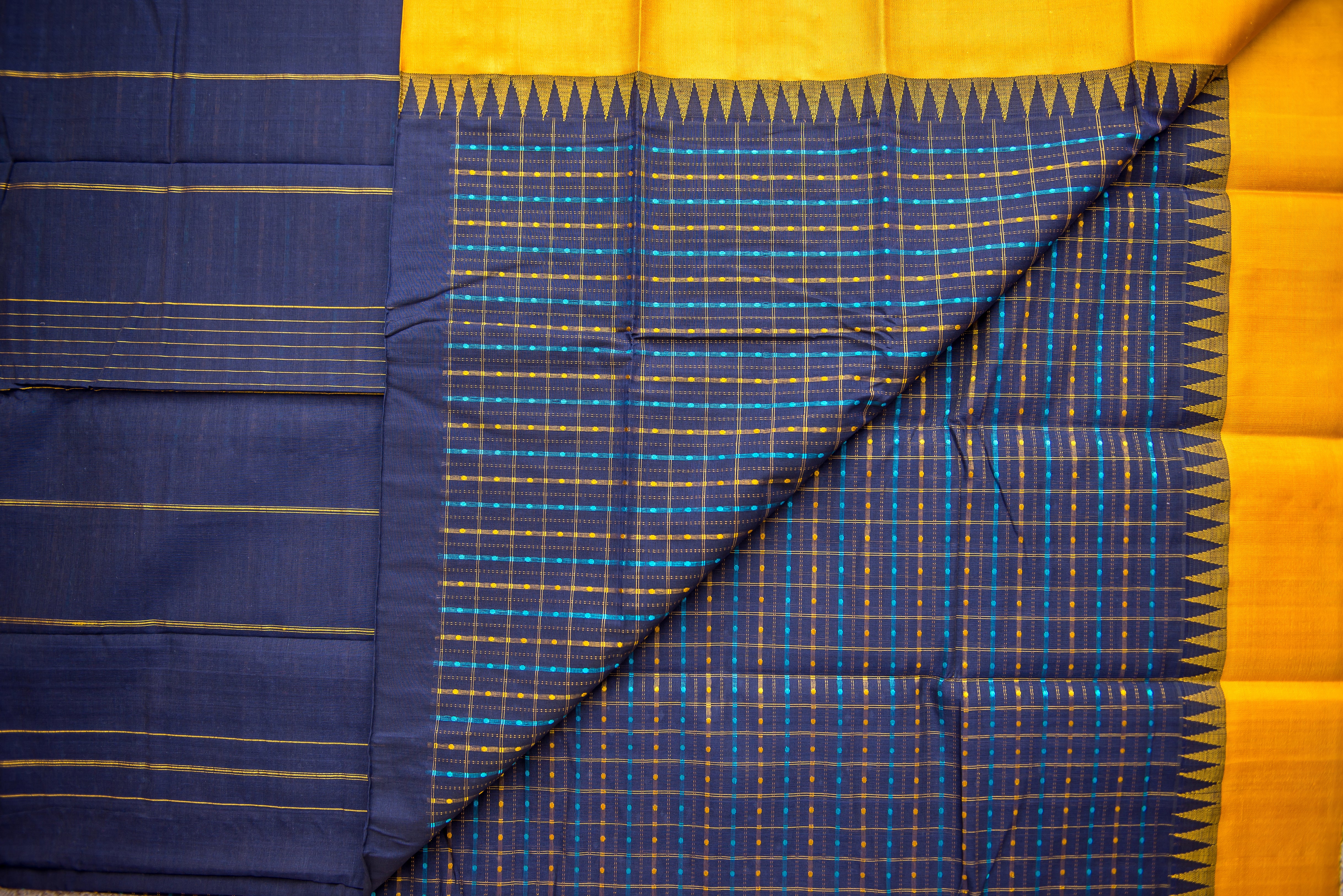 Navy Blue Silk Cotton Saree with a Golden-Yellow Border