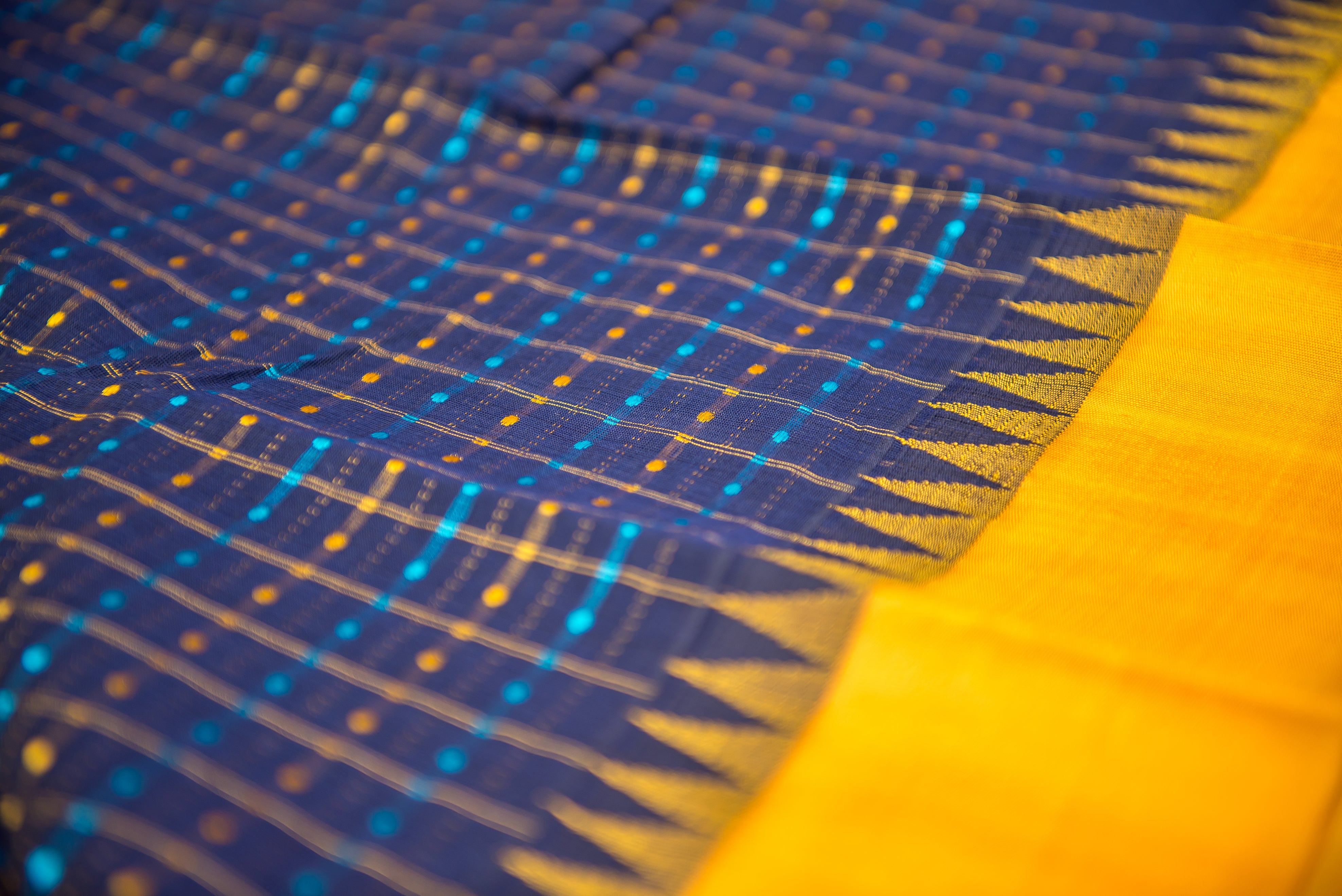 Navy Blue Silk Cotton Saree with a Golden-Yellow Border