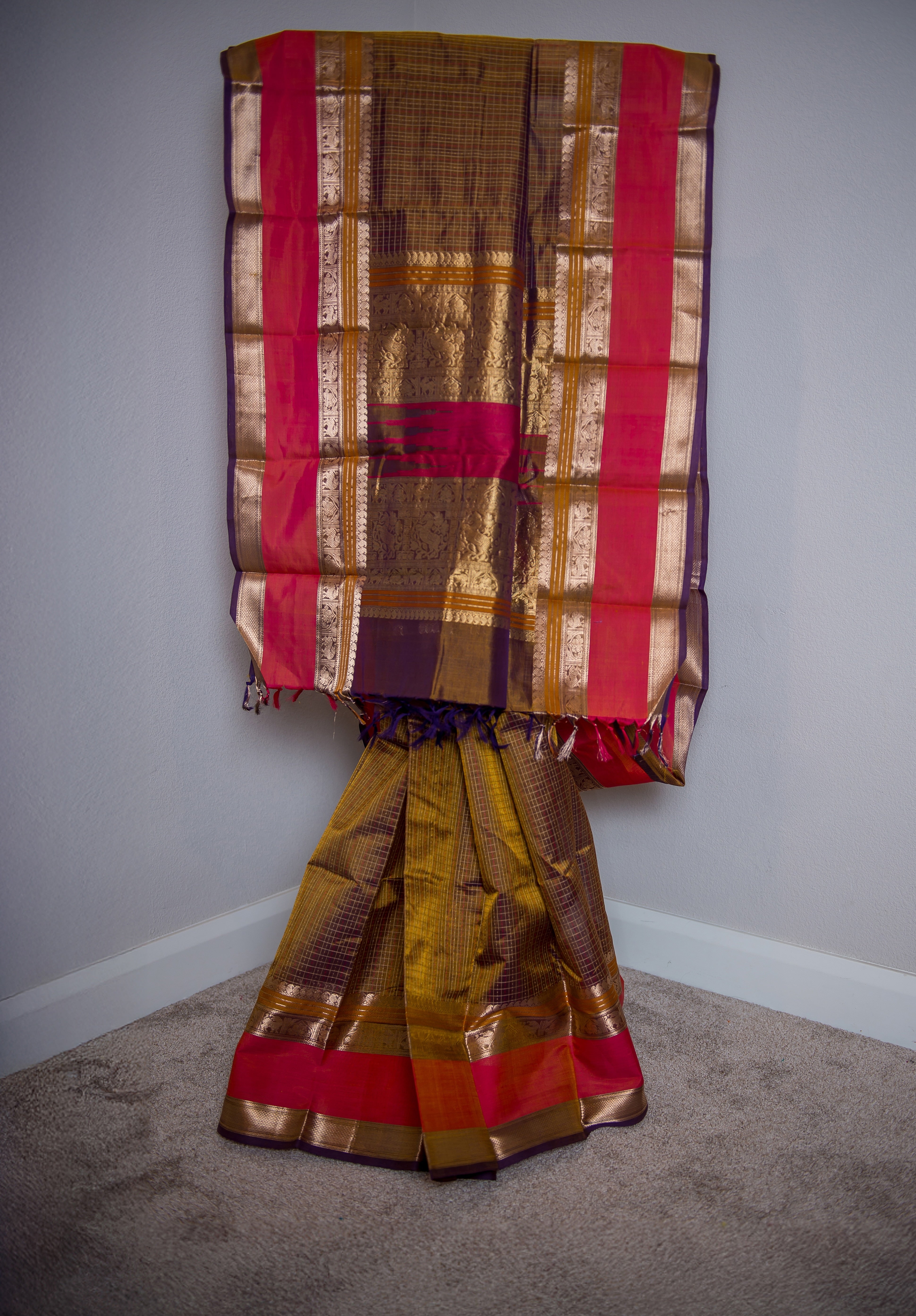 Dark Brown Kanchipuram Silk Cotton Saree with a Pink and Gold Border