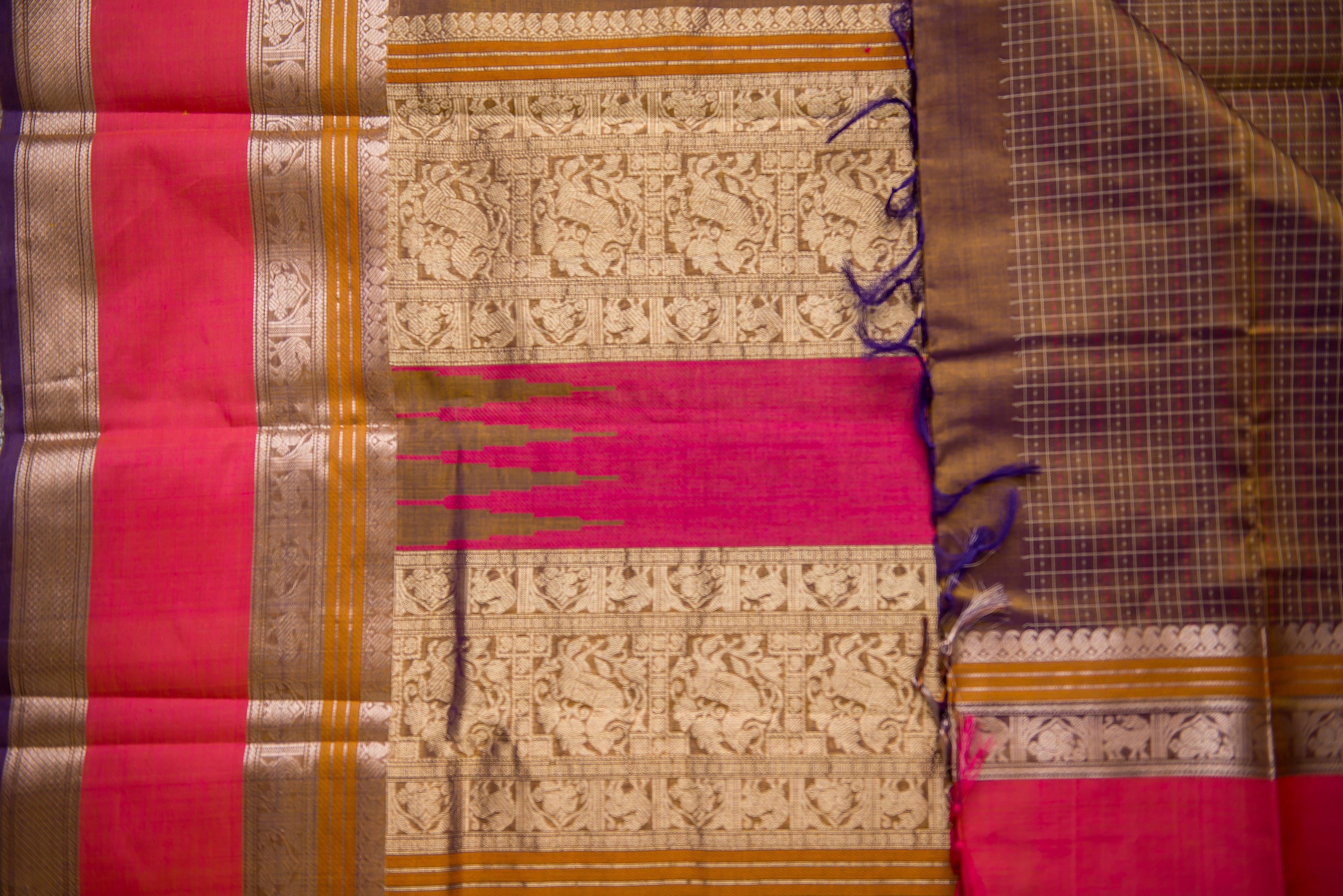Dark Brown Kanchipuram Silk Cotton Saree with a Pink and Gold Border