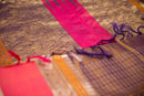 Dark Brown Kanchipuram Silk Cotton Saree with a Pink and Gold Border