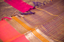 Dark Brown Kanchipuram Silk Cotton Saree with a Pink and Gold Border