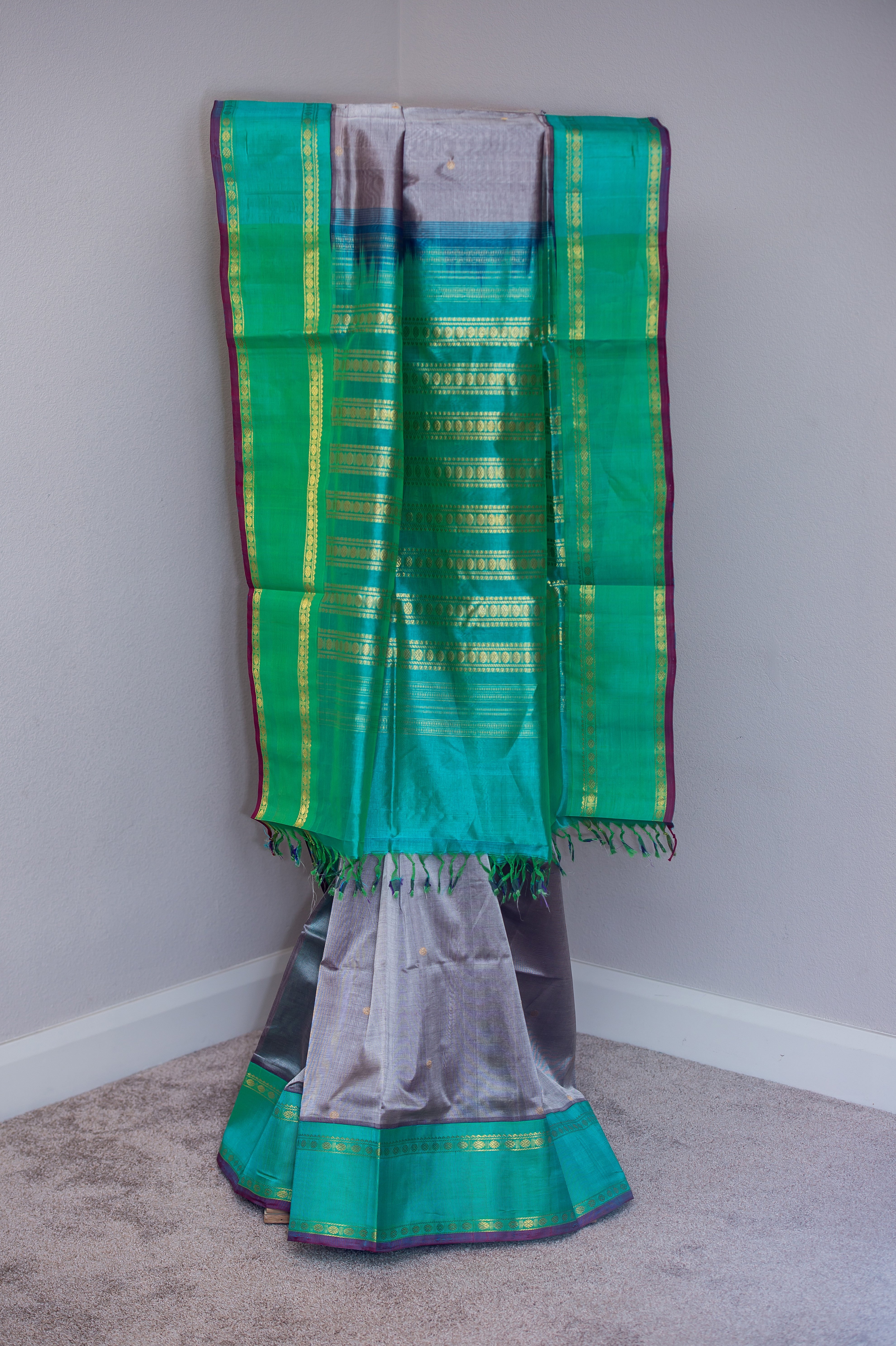 Grey Pure Zari Silk Cotton with Contrast Emerald Green Border
