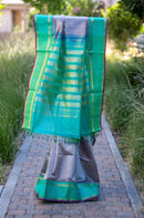 Grey Pure Zari Silk Cotton with Contrast Emerald Green Border