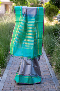 Grey Pure Zari Silk Cotton with Contrast Emerald Green Border