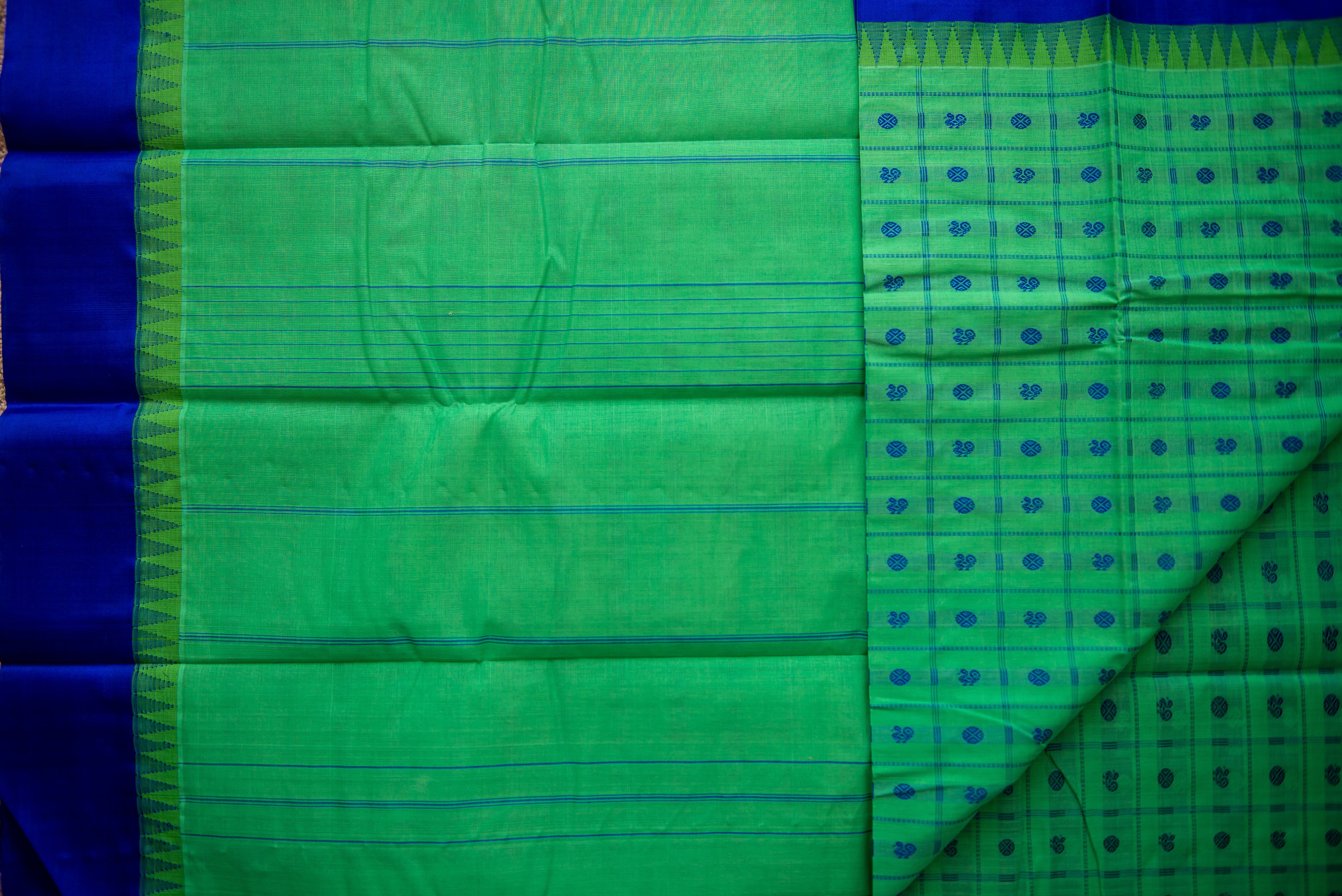 Fresh Green Silk Cotton Saree with Royal Blue Anams and Rudrakshams