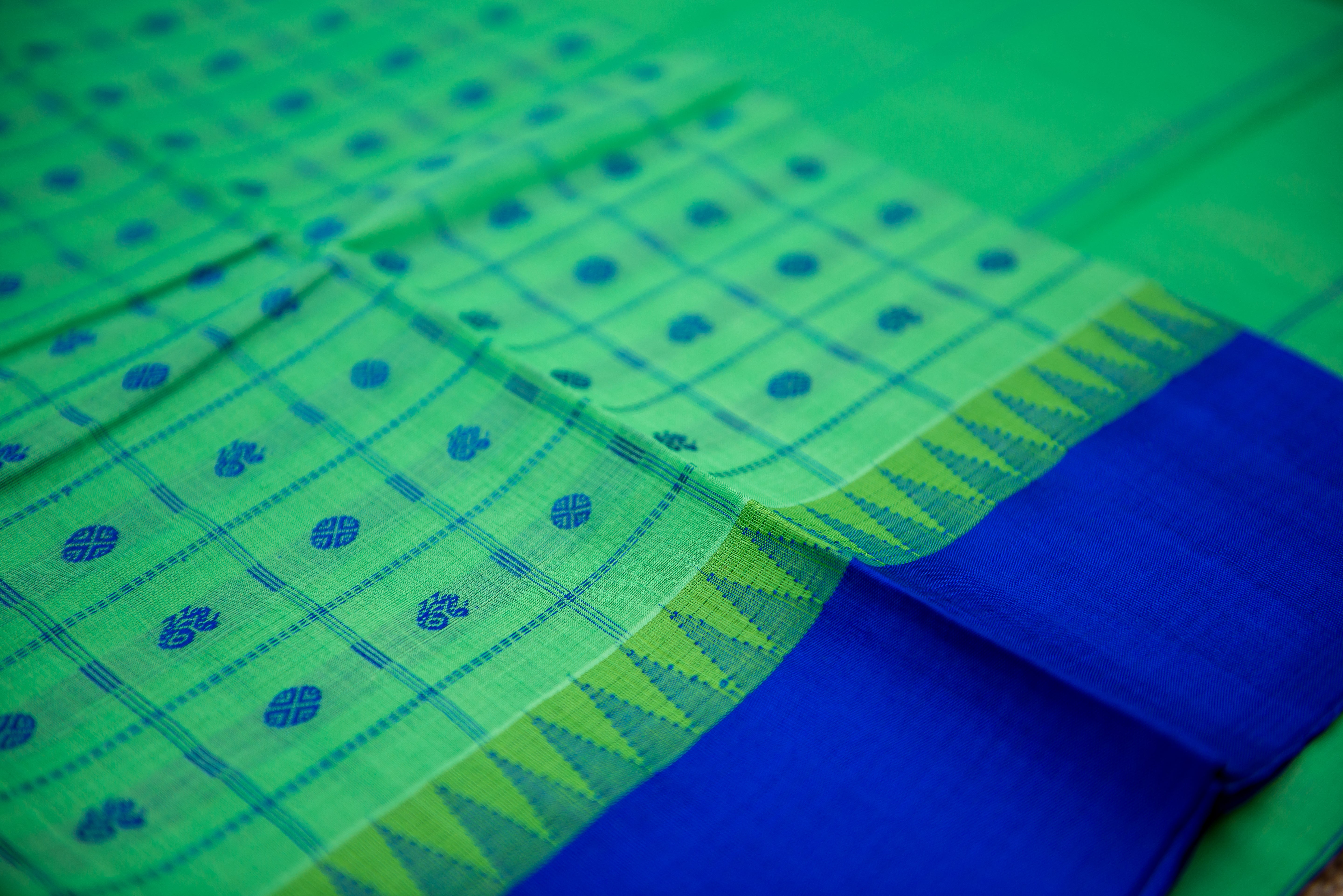 Fresh Green Silk Cotton Saree with Royal Blue Anams and Rudrakshams