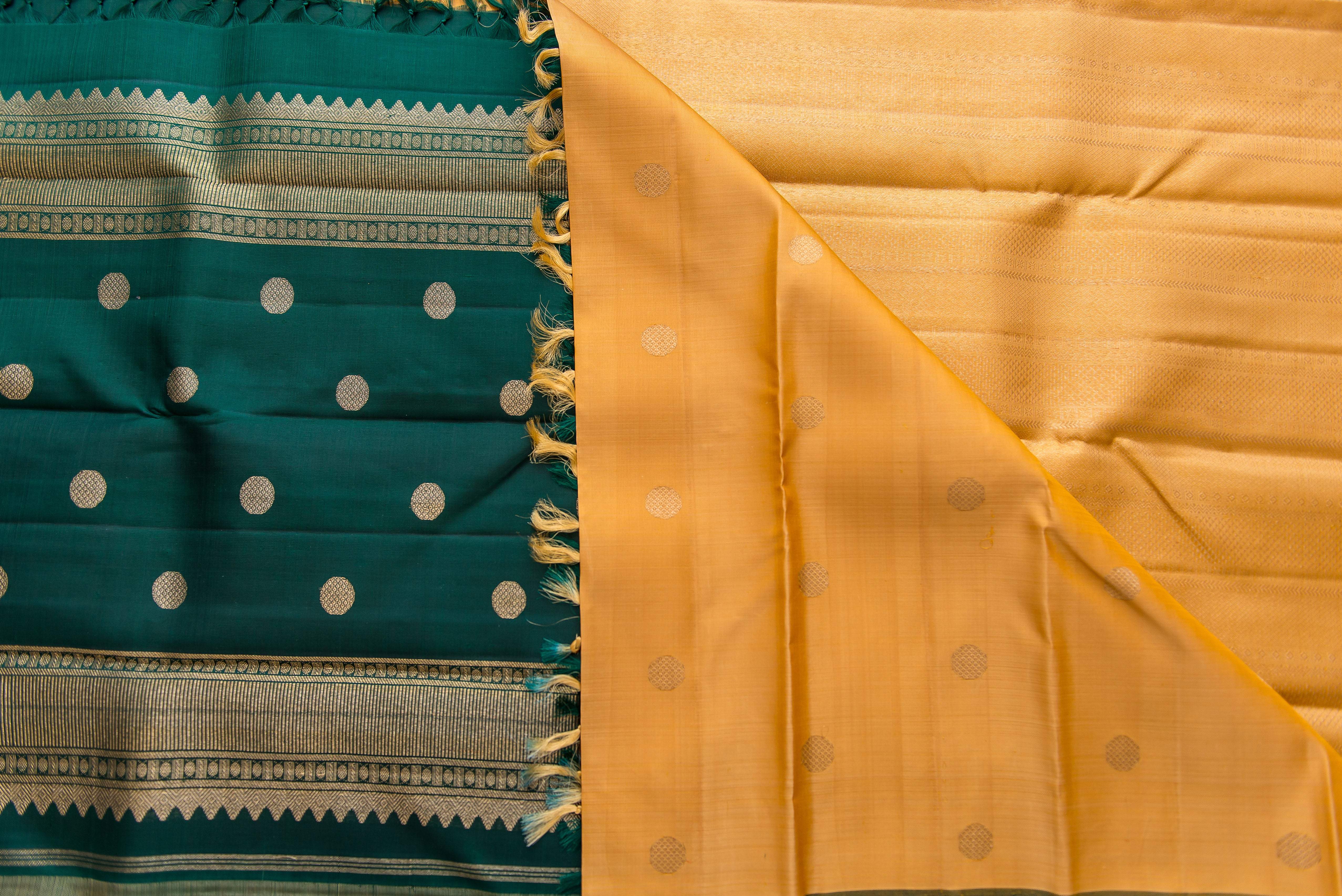 Golden-Yellow Kanchipuram Pure Silk Partly Saree with Forest Green Pallu