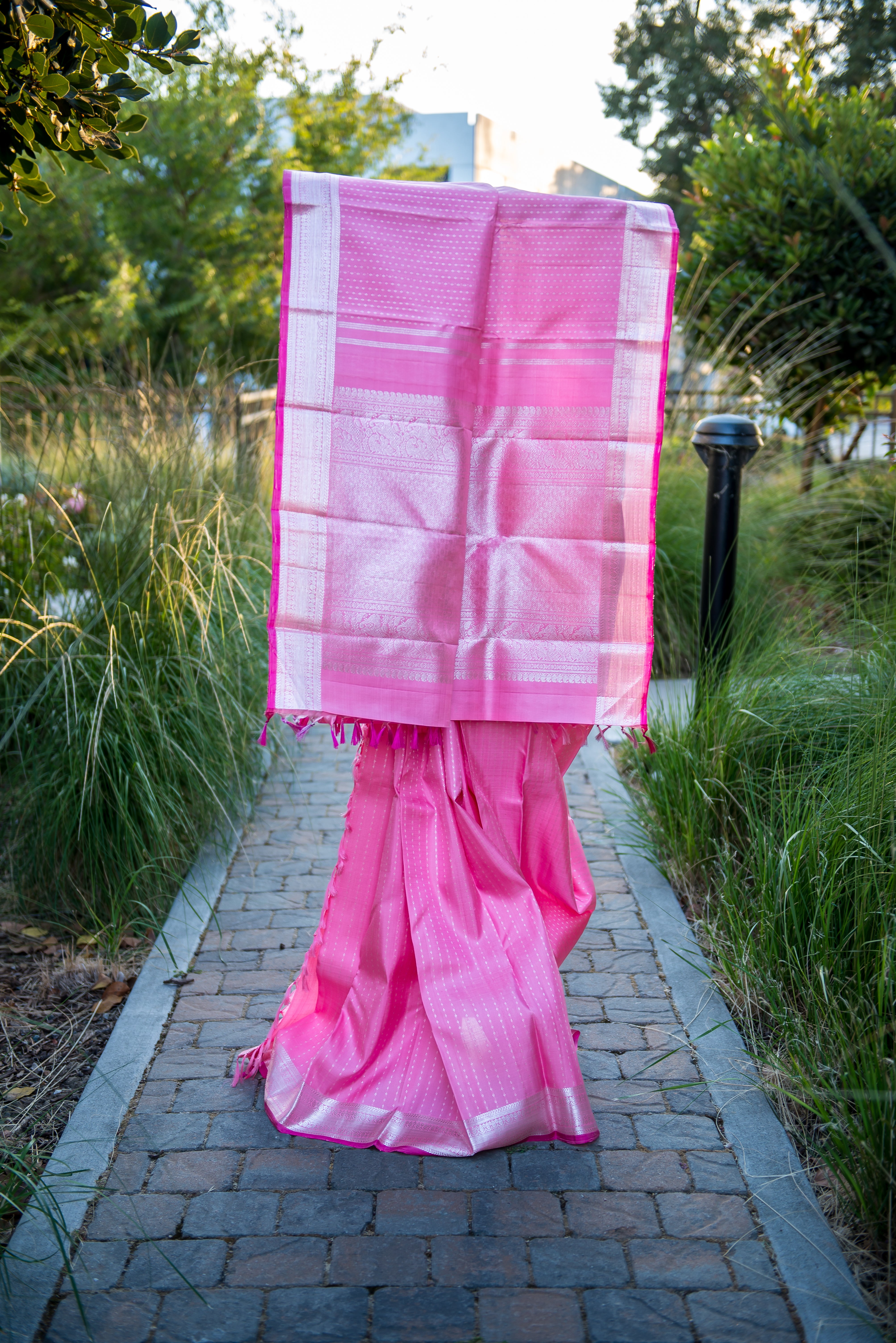 Baby Pink Kanchipuram Silk Saree with Silver Pallu