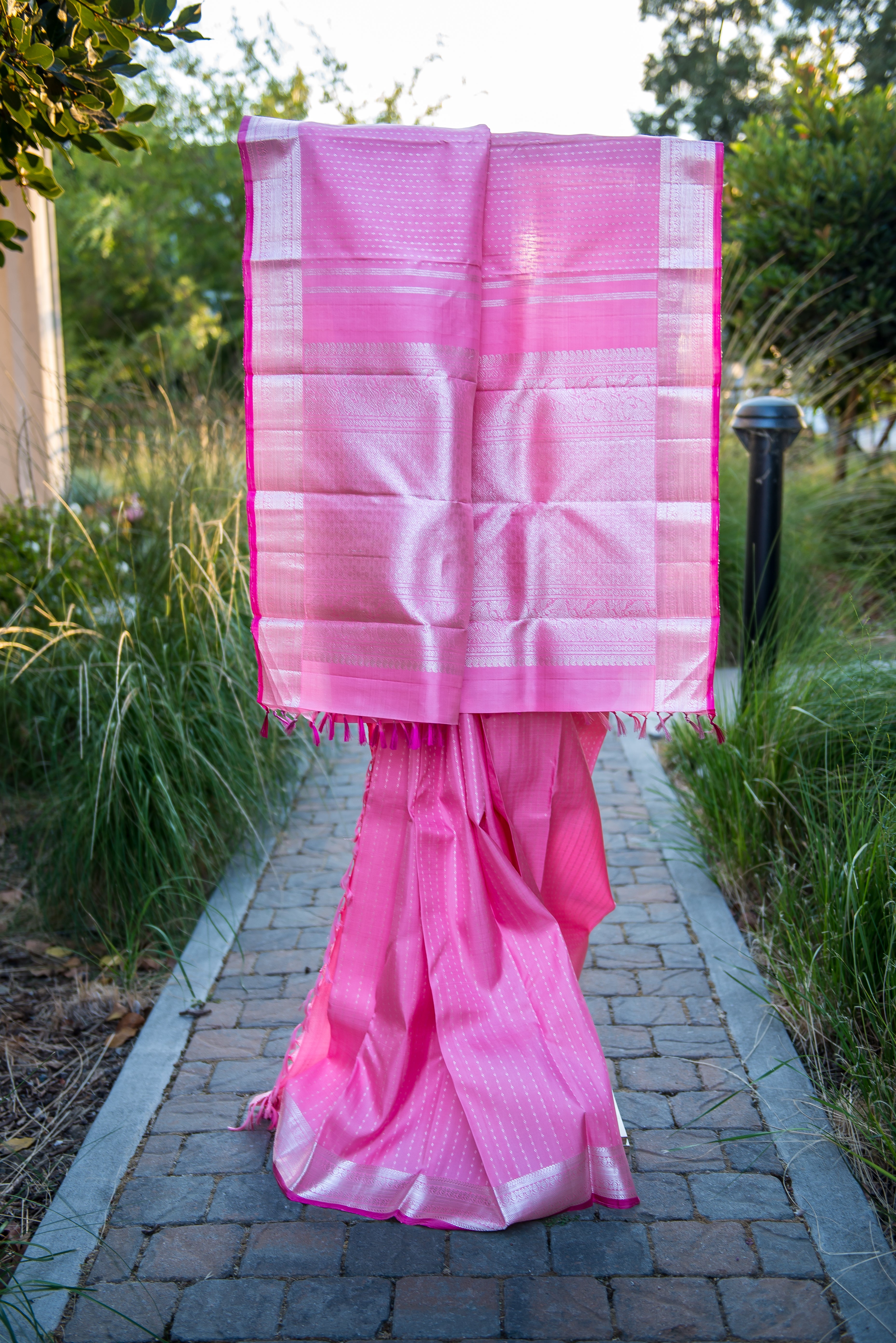 Baby Pink Kanchipuram Silk Saree with Silver Pallu