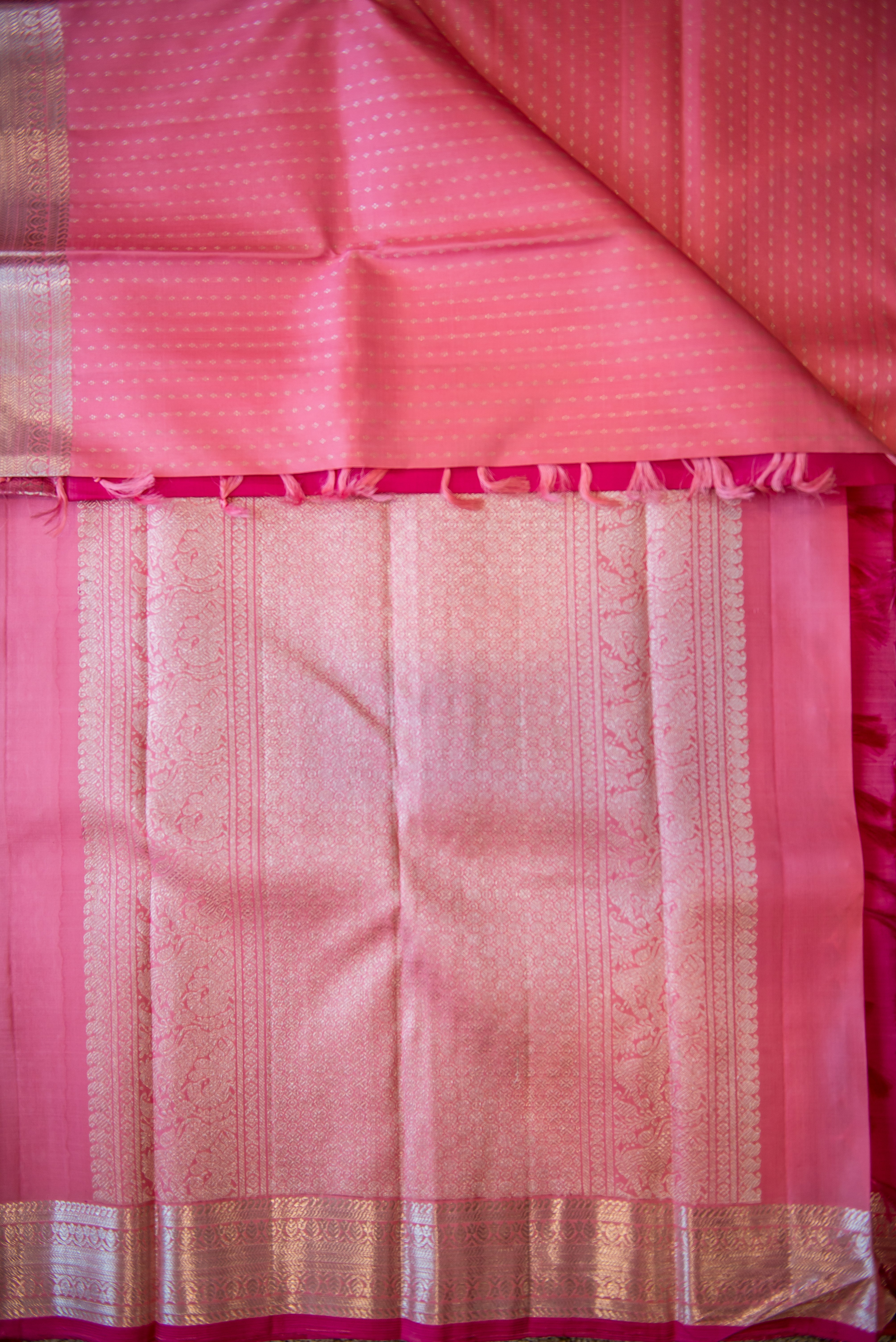 Baby Pink Kanchipuram Silk Saree with Silver Pallu