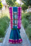 Teal Blue Jacquard Silk Saree with Magenta Pink Border
