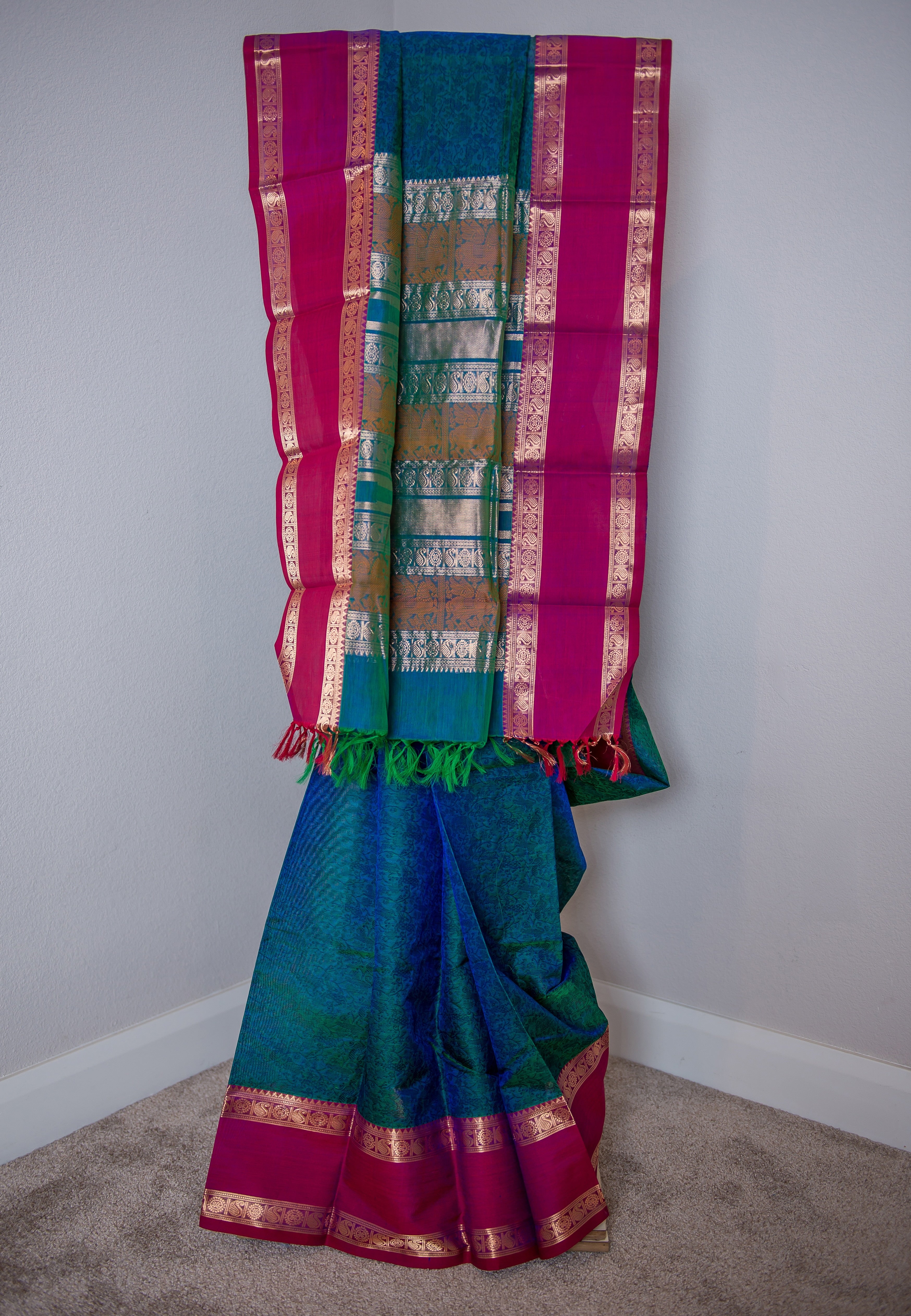 Teal Blue Jacquard Silk Saree with Magenta Pink Border
