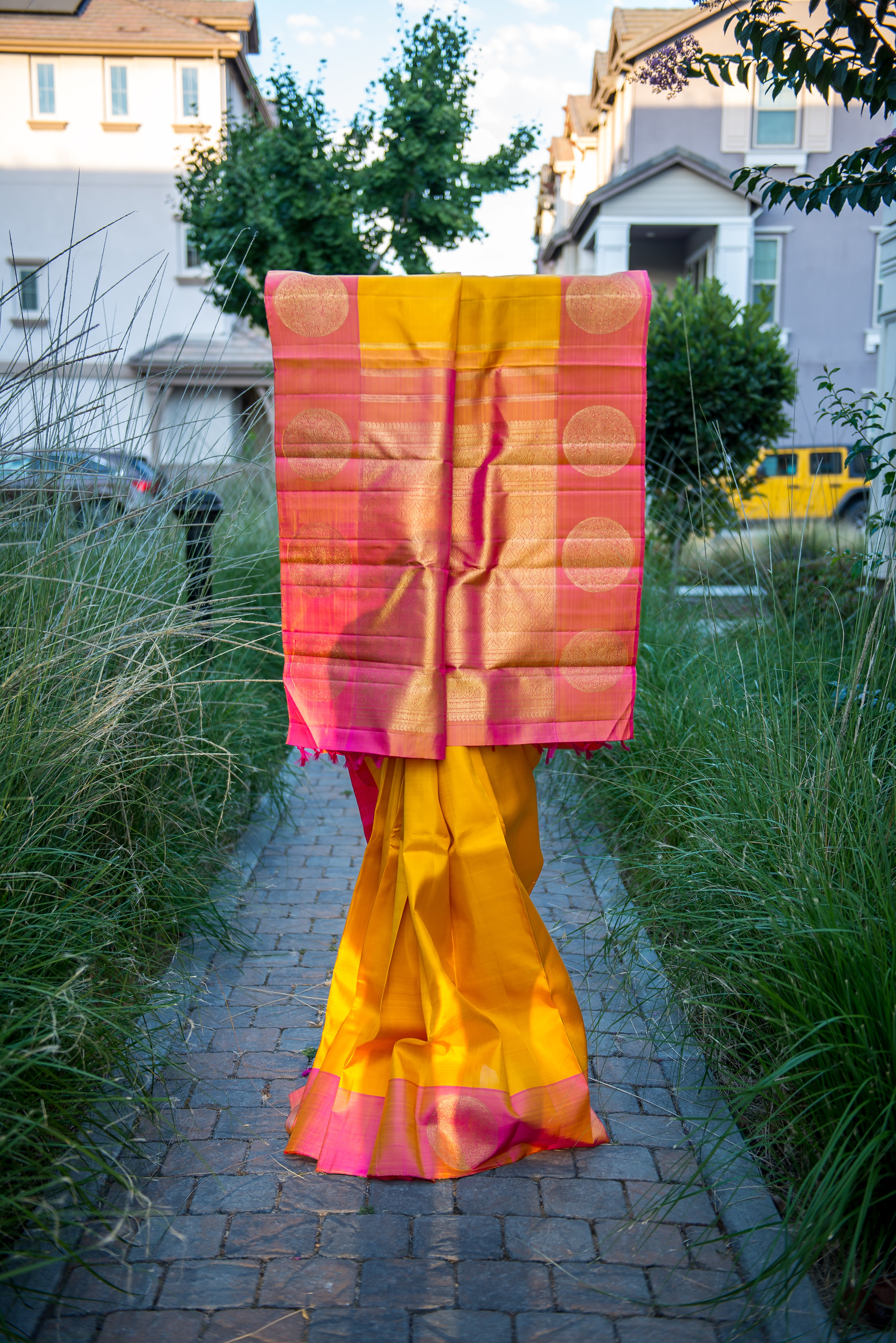 Bright Yellow and Double-Toned Pink Handwoven Silk Saree