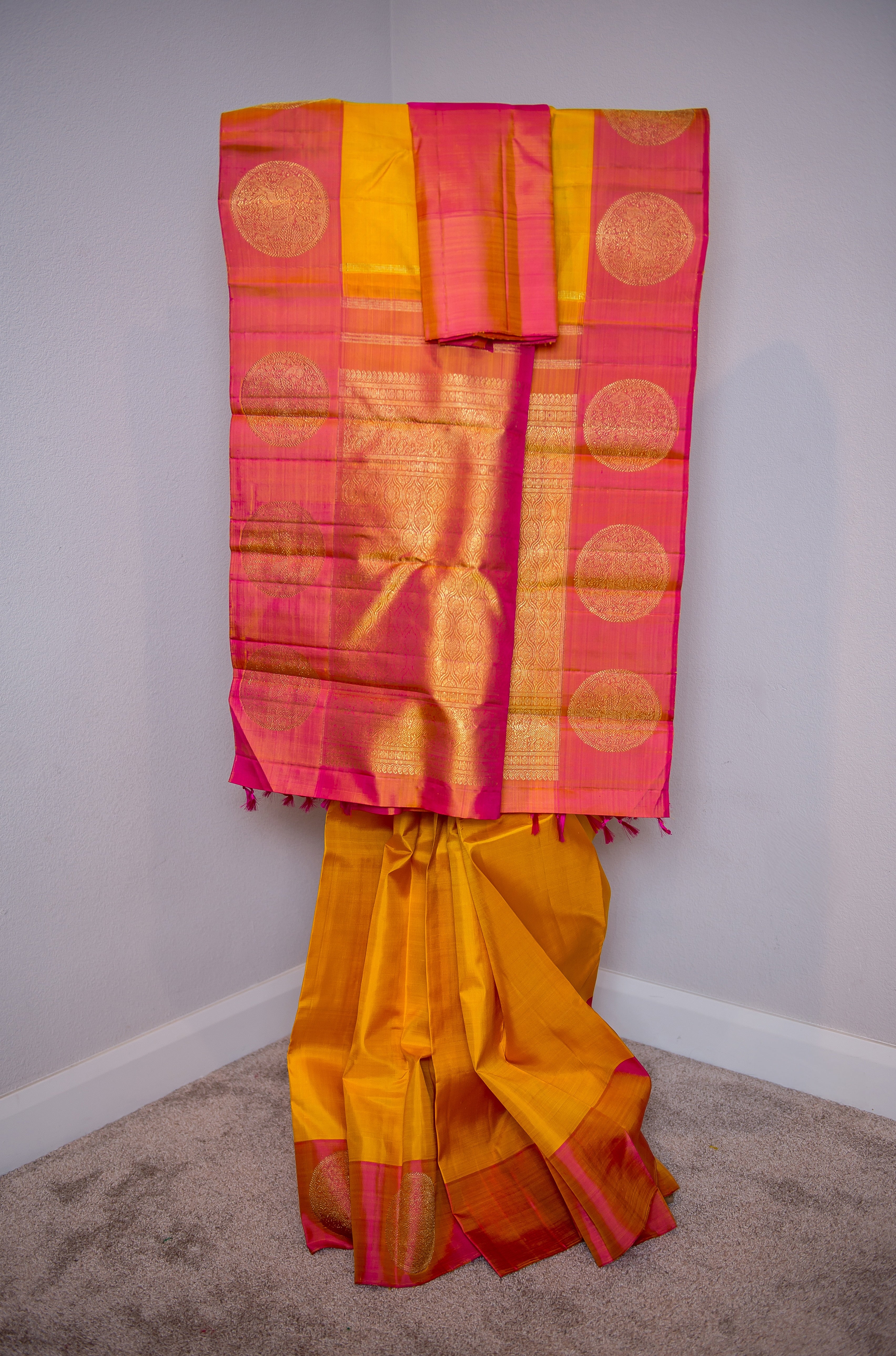Bright Yellow and Double-Toned Pink Handwoven Silk Saree